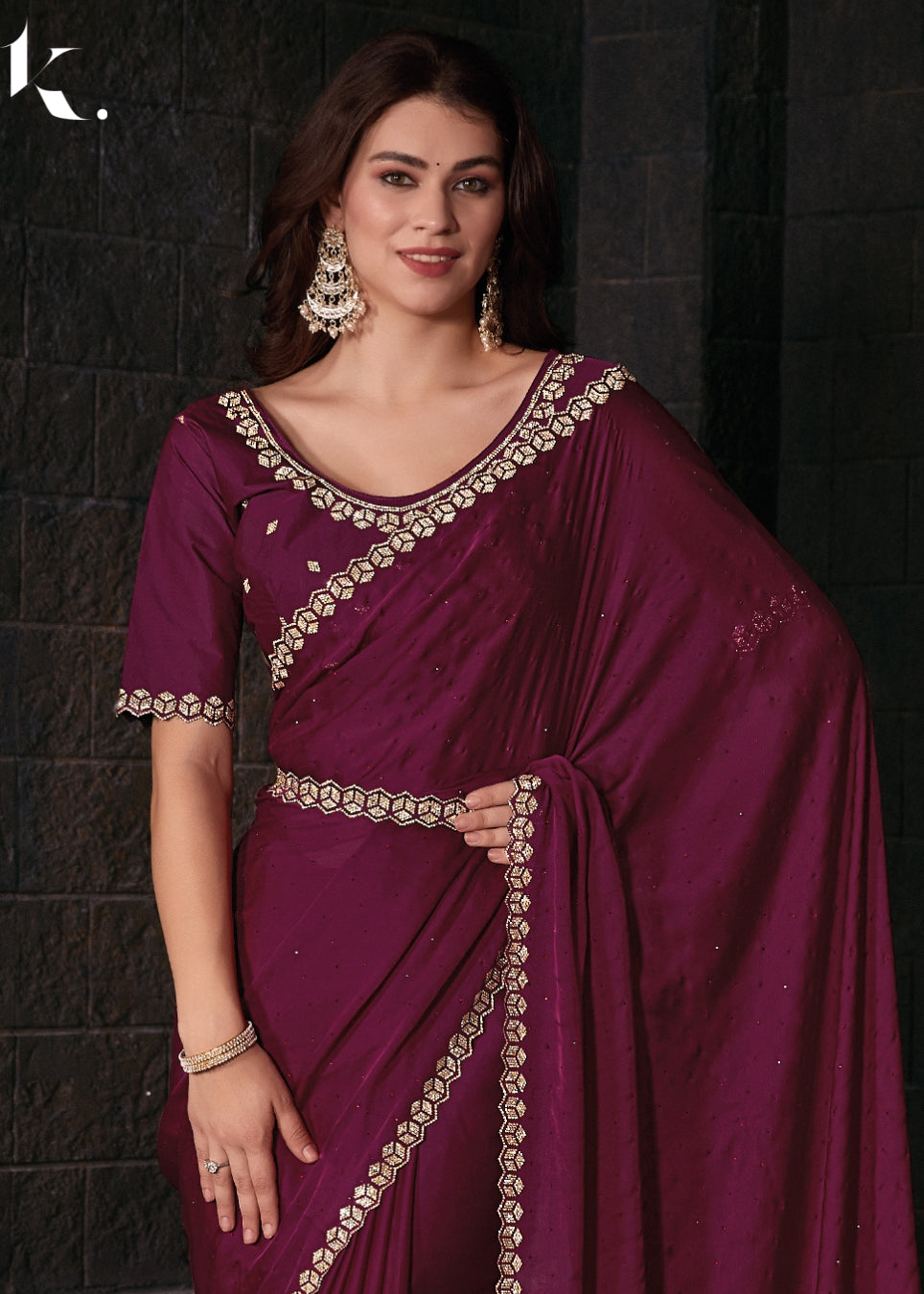 Maroon Elegant Pure Satin Georgette With Zircon Border Festival Wear Saree