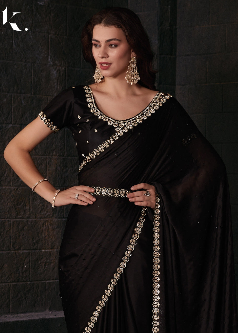 Black Elegant Pure Satin Georgette With Zircon Border Festival Wear Saree