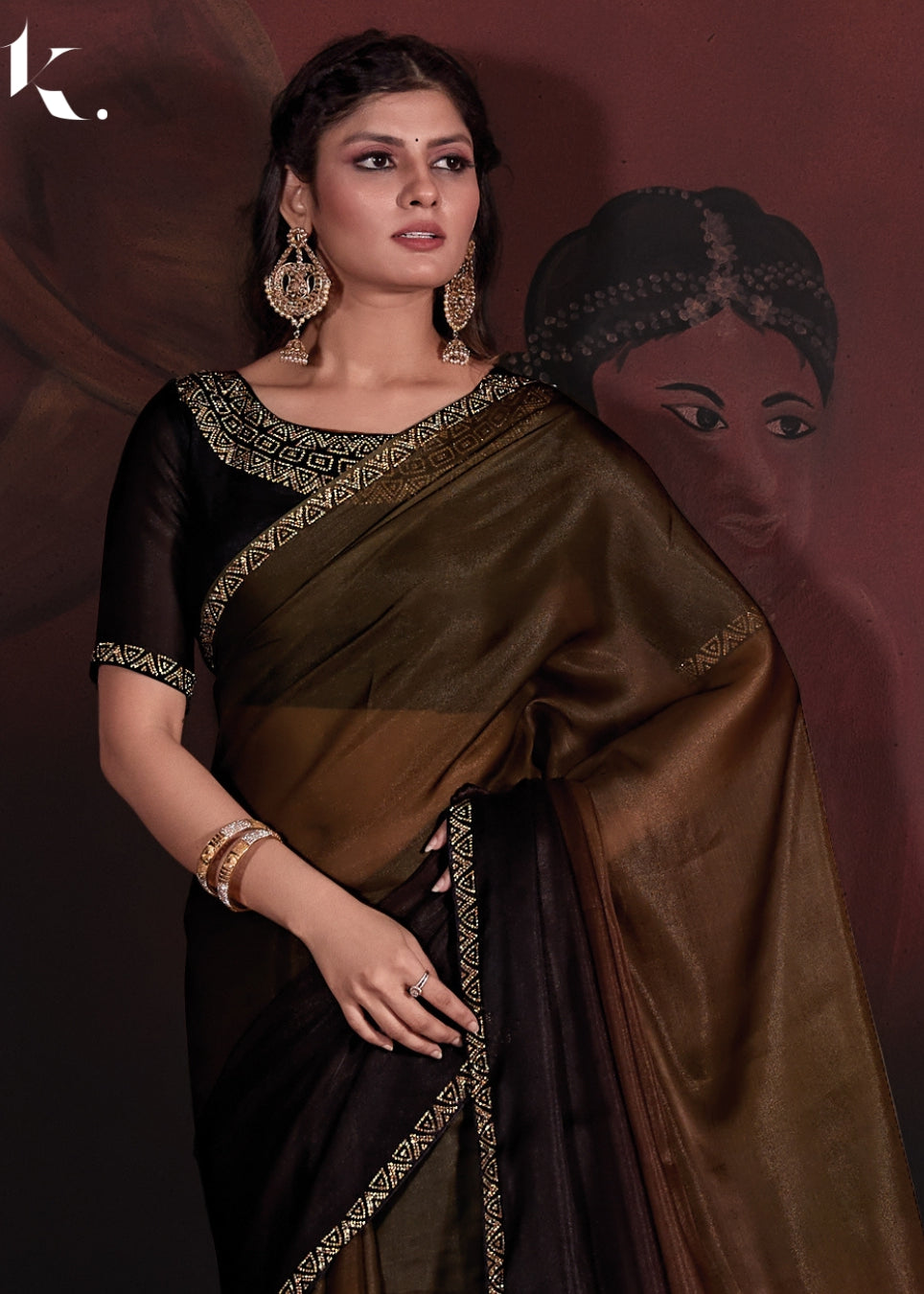 Brown Designer Pure Satin Georgette With Zircon Border Party Wear Saree