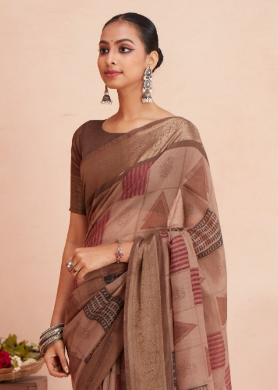 Brown Designer Chanderi Jacquard Border Geometric Casual Wear Saree