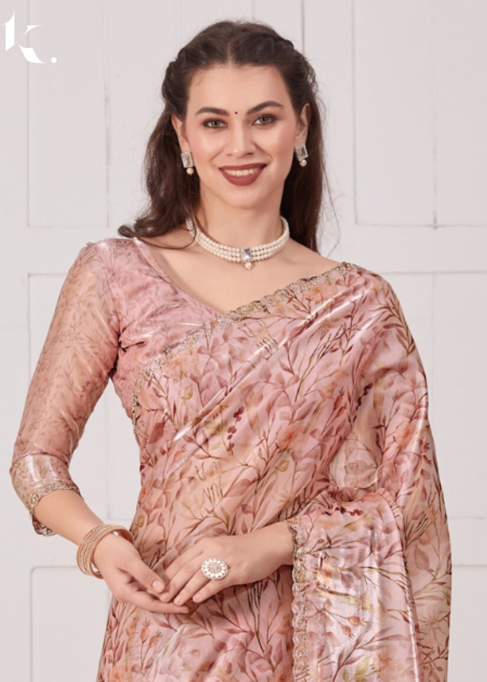 Peach Soft Jimmy Choo Digital Print Fabric with Hand Zircon Cutwork Border Saree