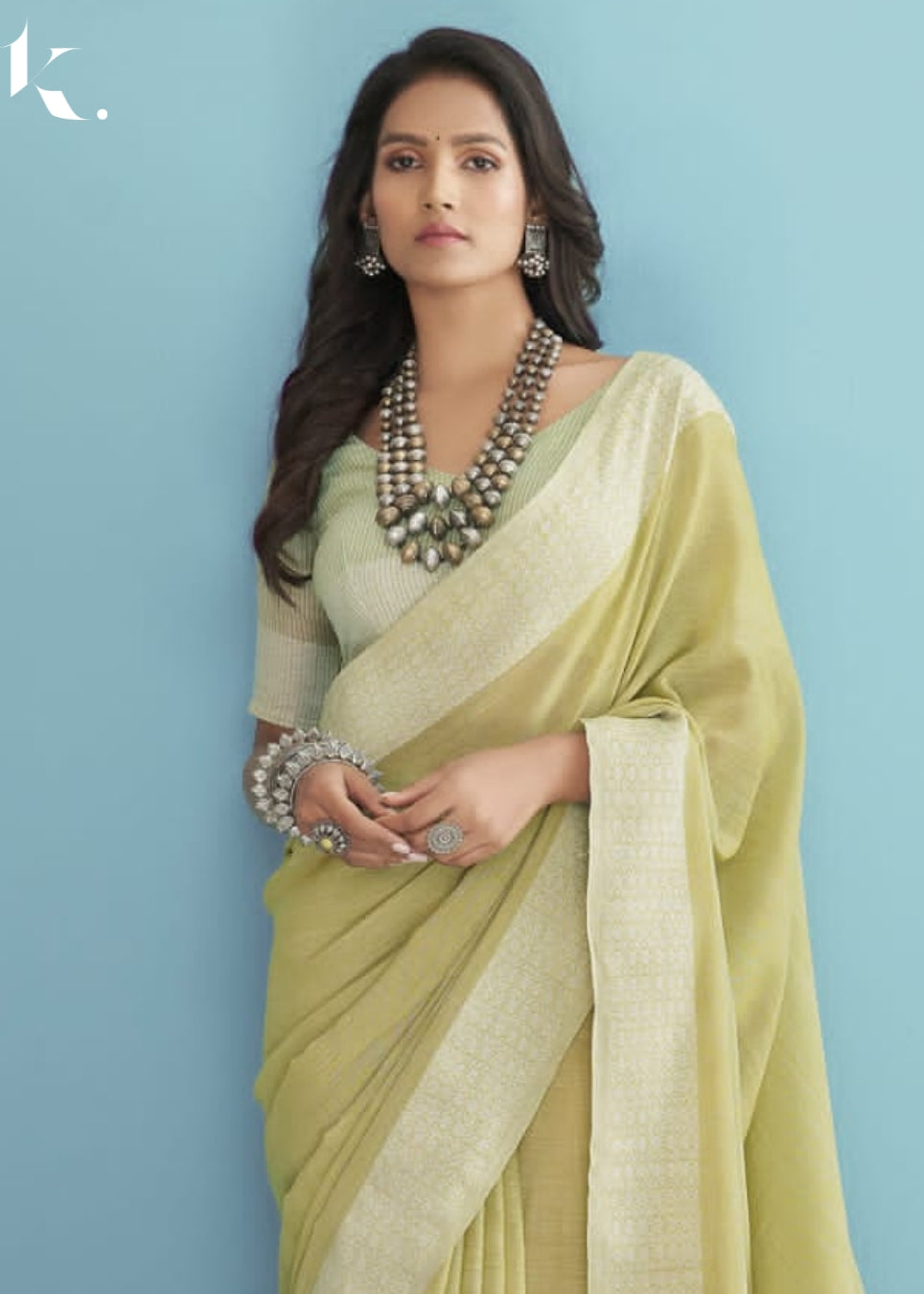 Mint Green Latest Soft Linen Silk Chikankari Weaved Casual Wear Saree