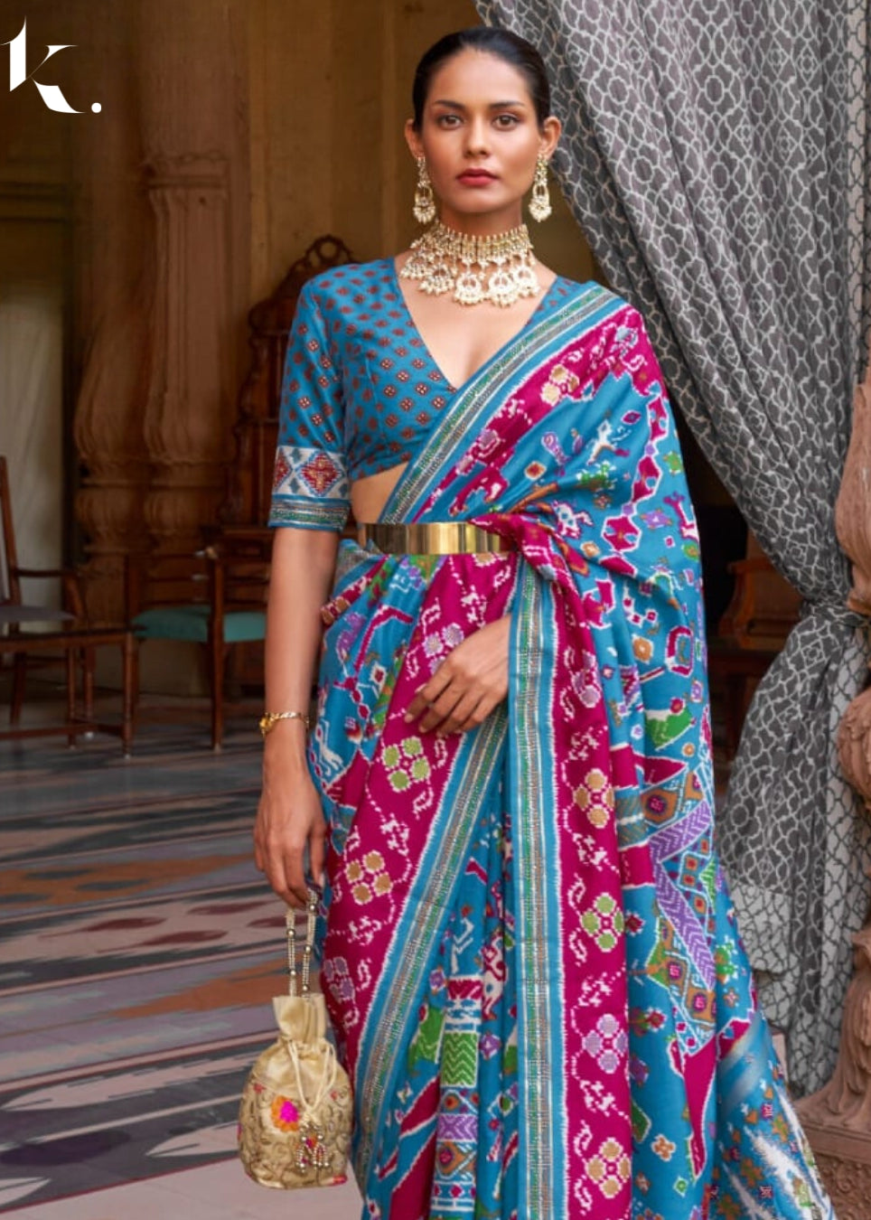 Blue Premium Pure Soft Silk Patola Printed Wedding Wear Saree