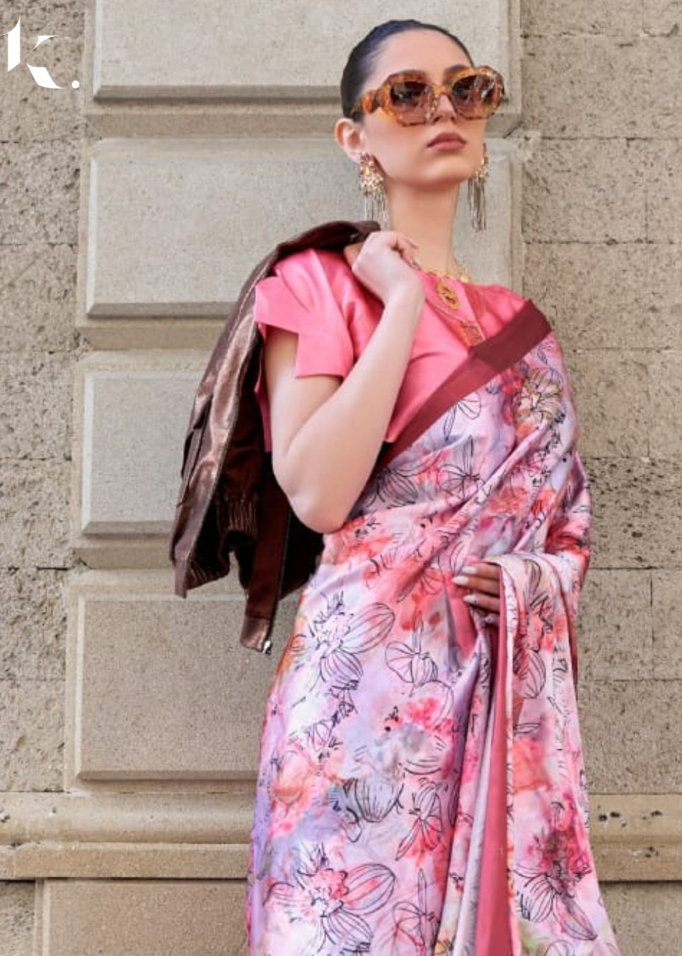 Pink Morden Satin Crepe Floral Digital Printed Casual Wear Saree