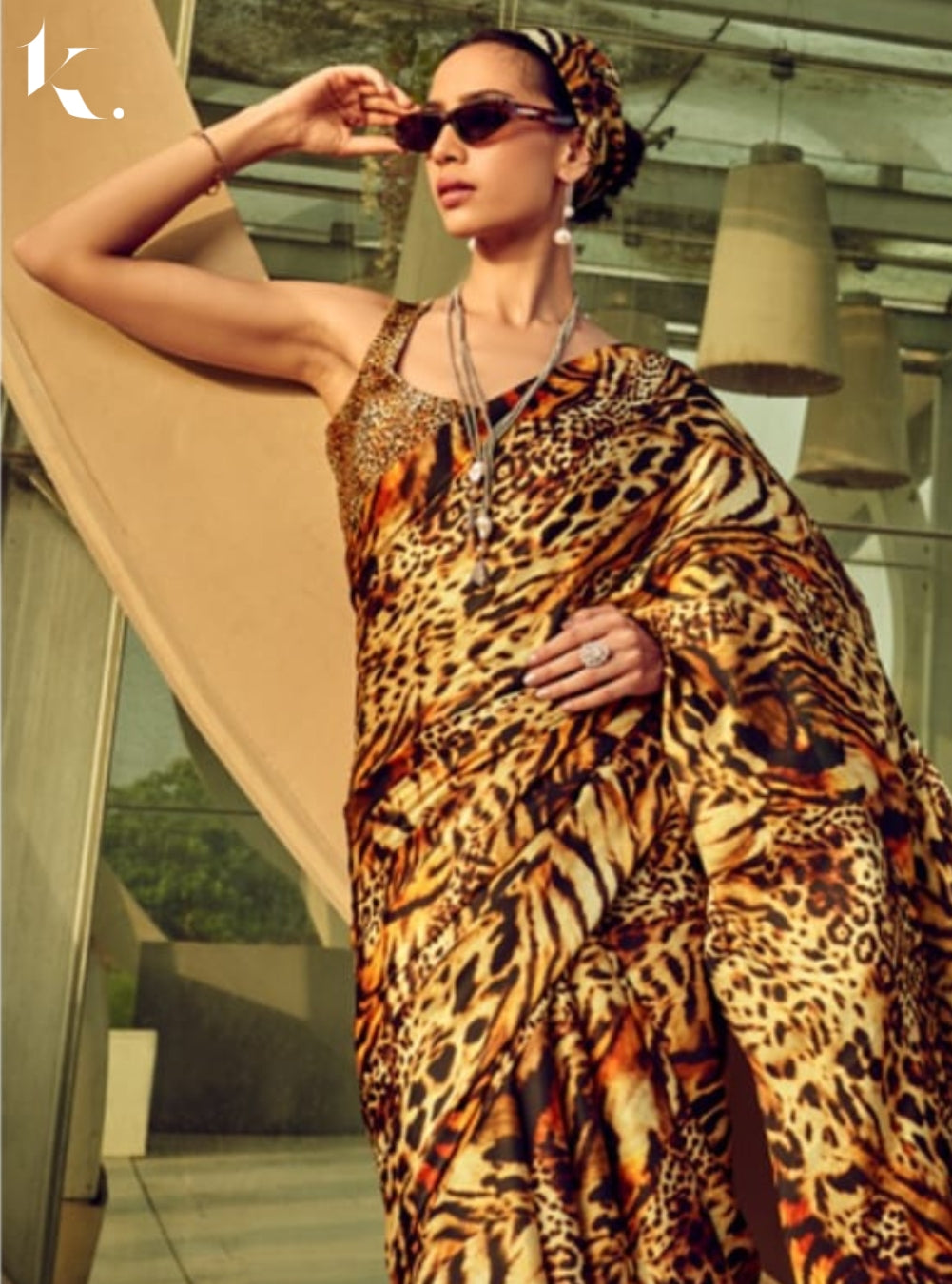 Brown Tiger Classy Satin Silk Digital Printed Casual Wear Saree