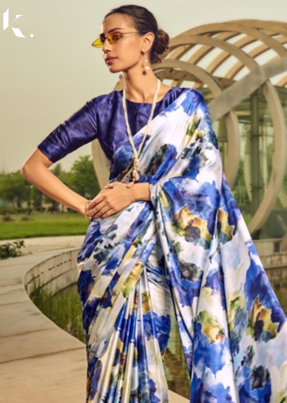 Blue Classy Satin Silk Digital Printed Casual Wear Saree