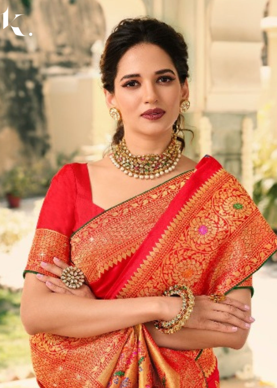 Red Premium Silk Zari Weaving Jacquard With Swarovski Work Wedding Wear Saree