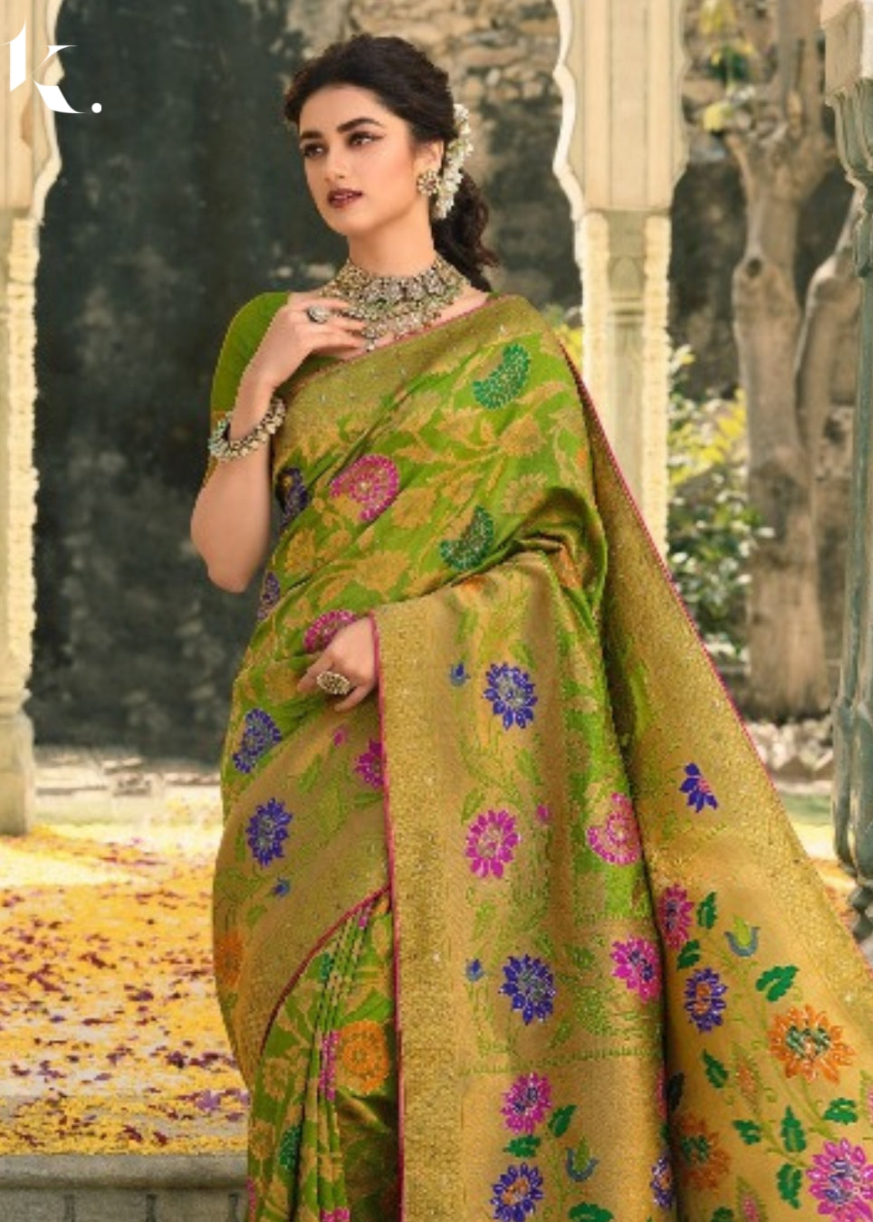 Green Premium Silk Zari Weaving Jacquard With Swarovski Work Wedding Wear Saree