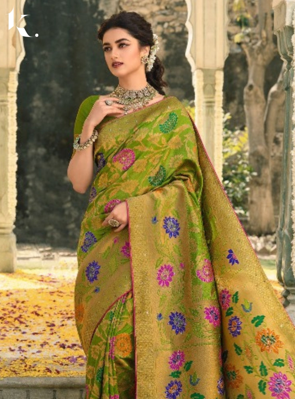 Green Premium Silk Zari Weaving Jacquard With Swarovski Work Wedding Wear Saree