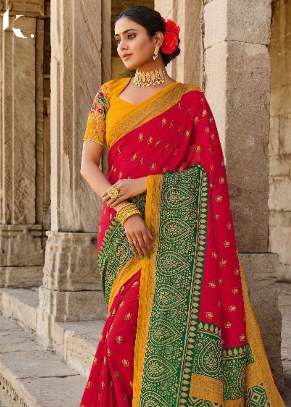 Red Designer Brasso Silk Floral Trendy Printed Wedding Wear Saree