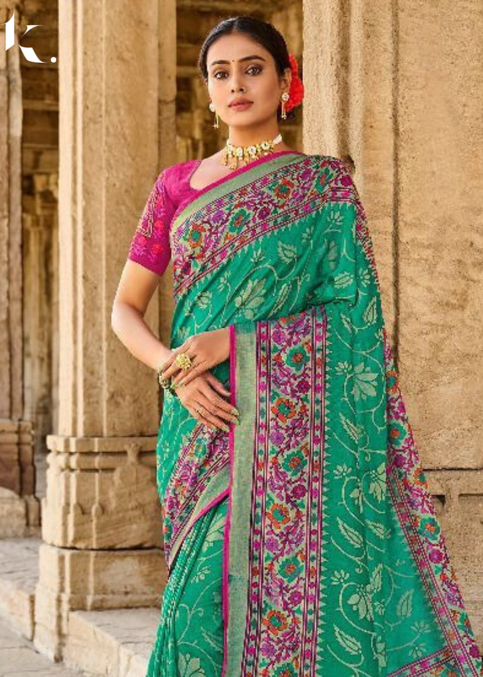 Sea Green Designer Brasso Silk Floral Trendy Printed Wedding Wear Saree