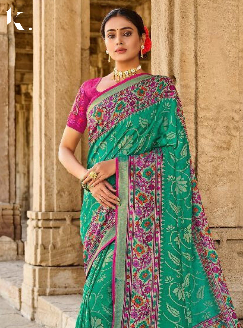 Sea Green Designer Brasso Silk Floral Trendy Printed Wedding Wear Saree