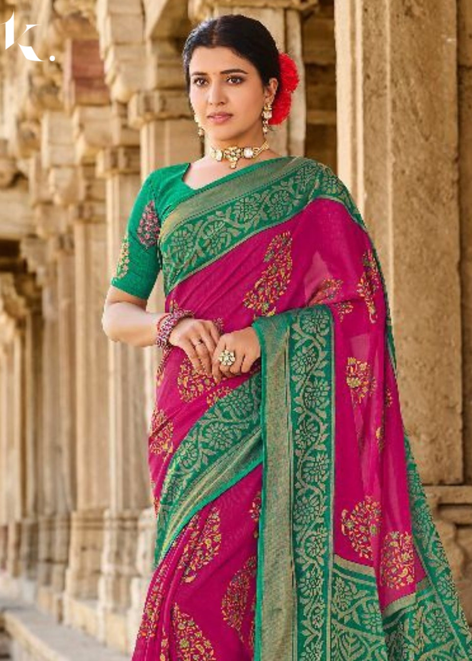 Pink Designer Brasso Silk Floral Trendy Printed Wedding Wear Saree