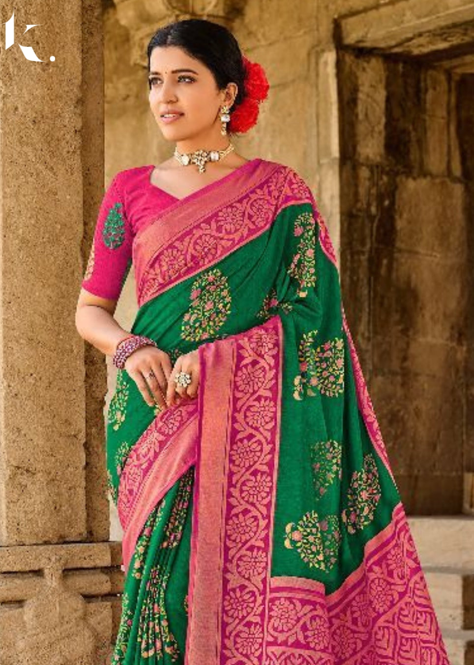 Green Designer Brasso Silk Floral Trendy Printed Wedding Wear Saree