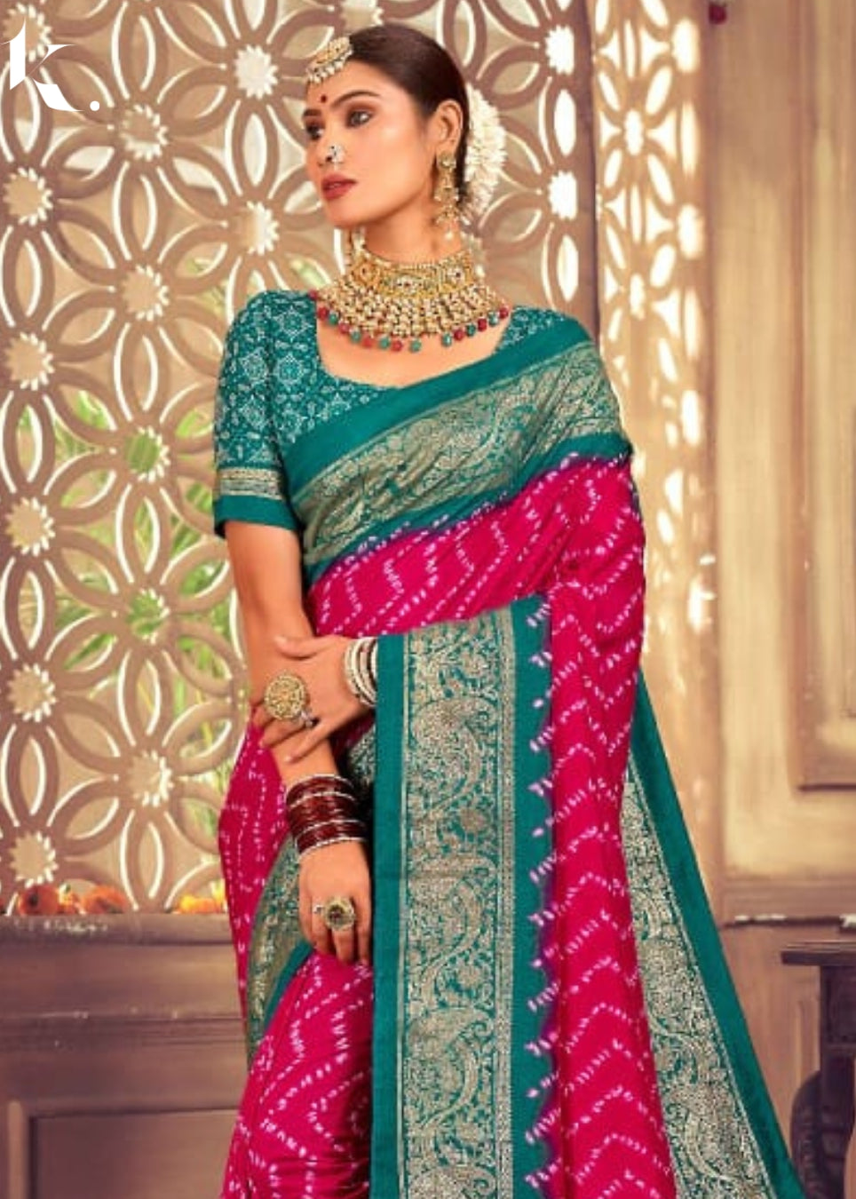 Pink Designer Tusser Dola Silk Bandhej Digital Printed Wedding Wear Saree