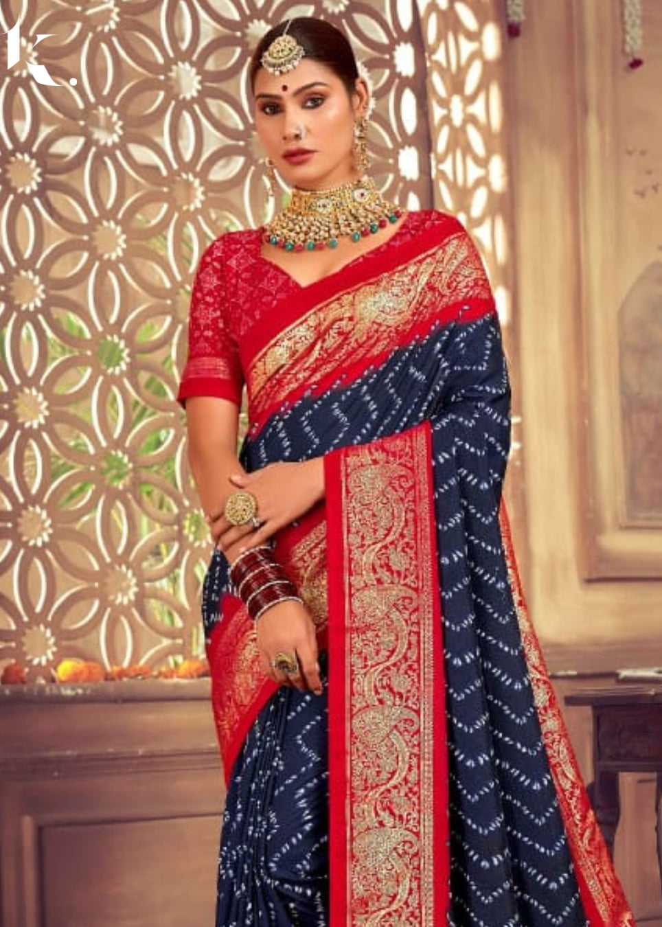 Navy Blue Designer Tusser Dola Silk Bandhej Digital Printed Wedding Wear Saree
