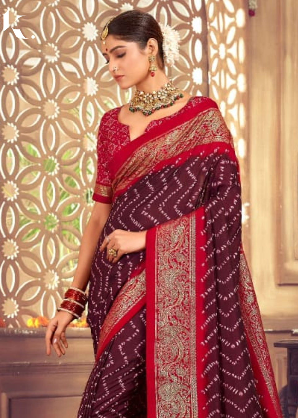 Maroon Designer Tusser Dola Silk Bandhej Digital Printed Wedding Wear Saree