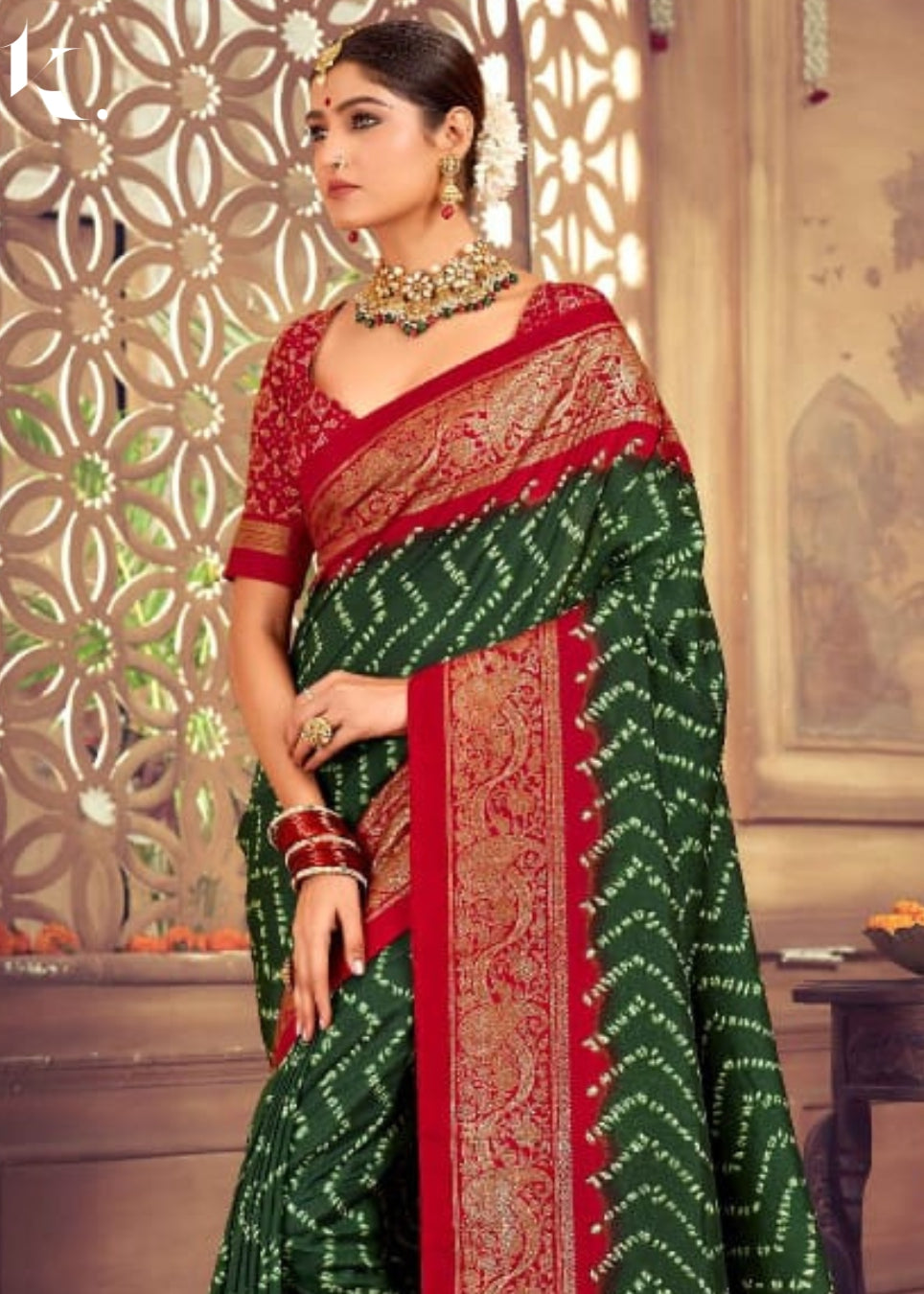 Green Designer Tusser Dola Silk Bandhej Digital Printed Wedding Wear Saree