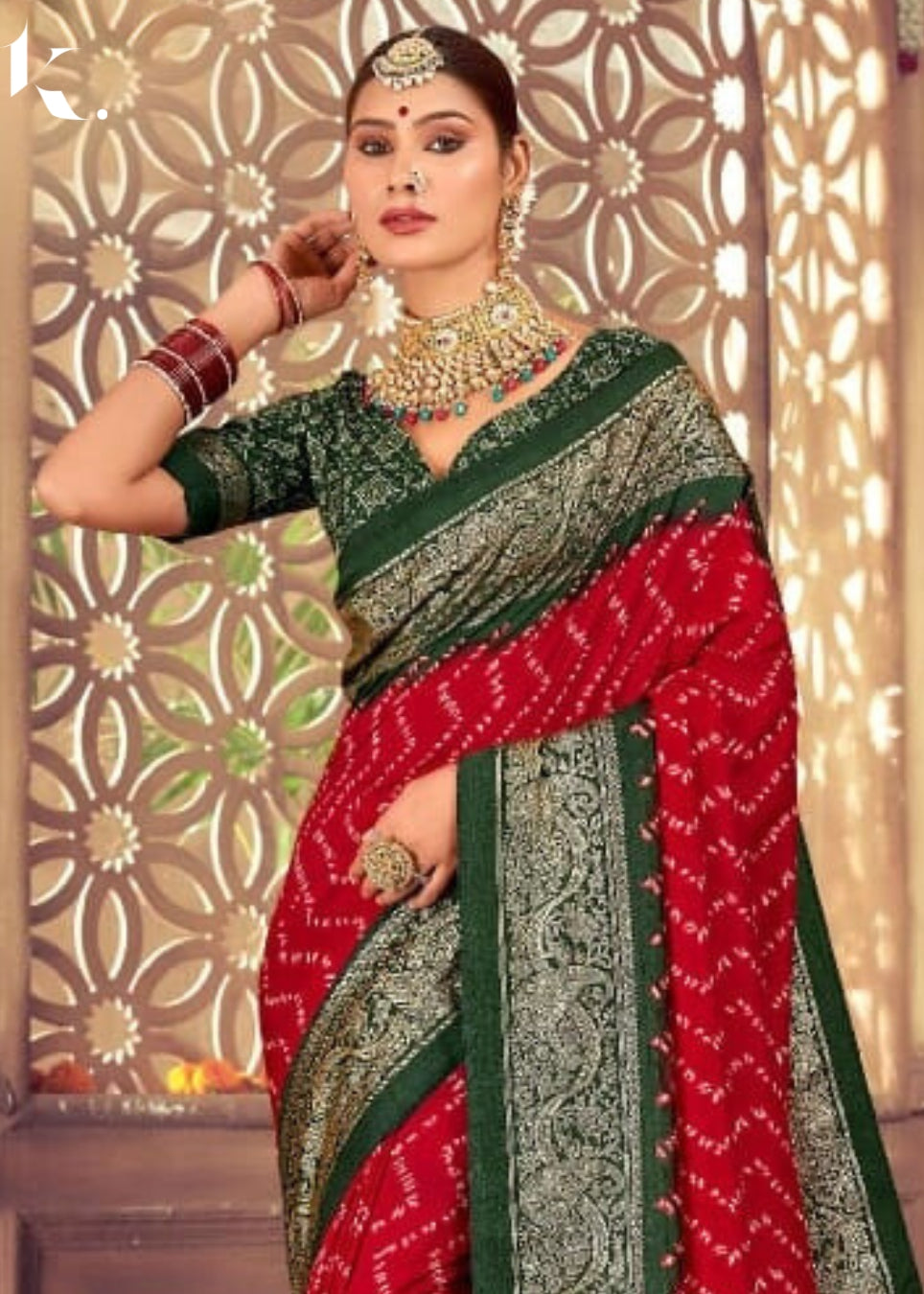 Red Designer Tusser Dola Silk Bandhej Digital Printed Wedding Wear Saree