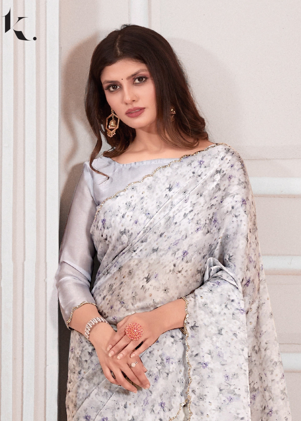 Grey Satin Georgette Fabric With Stone Work Cocktail Wear Saree