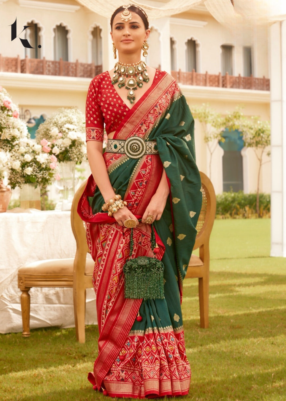Green Mercerized Sigma Silk Patola Gold Print Wedding wear Saree for Heavy look