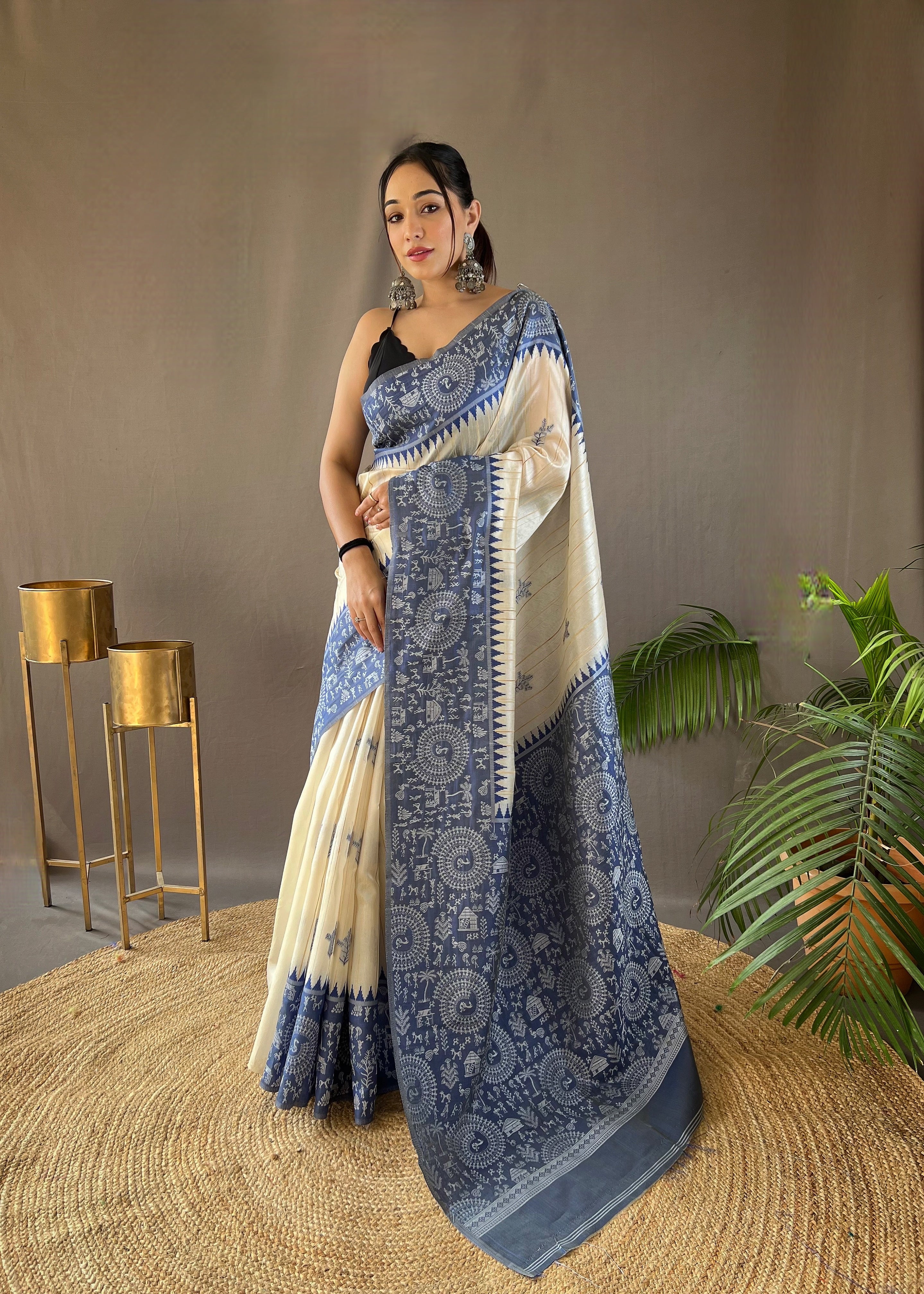 White And Blue Classic Soft Cotton Tussar Silk Warli Traditional Print Saree.
