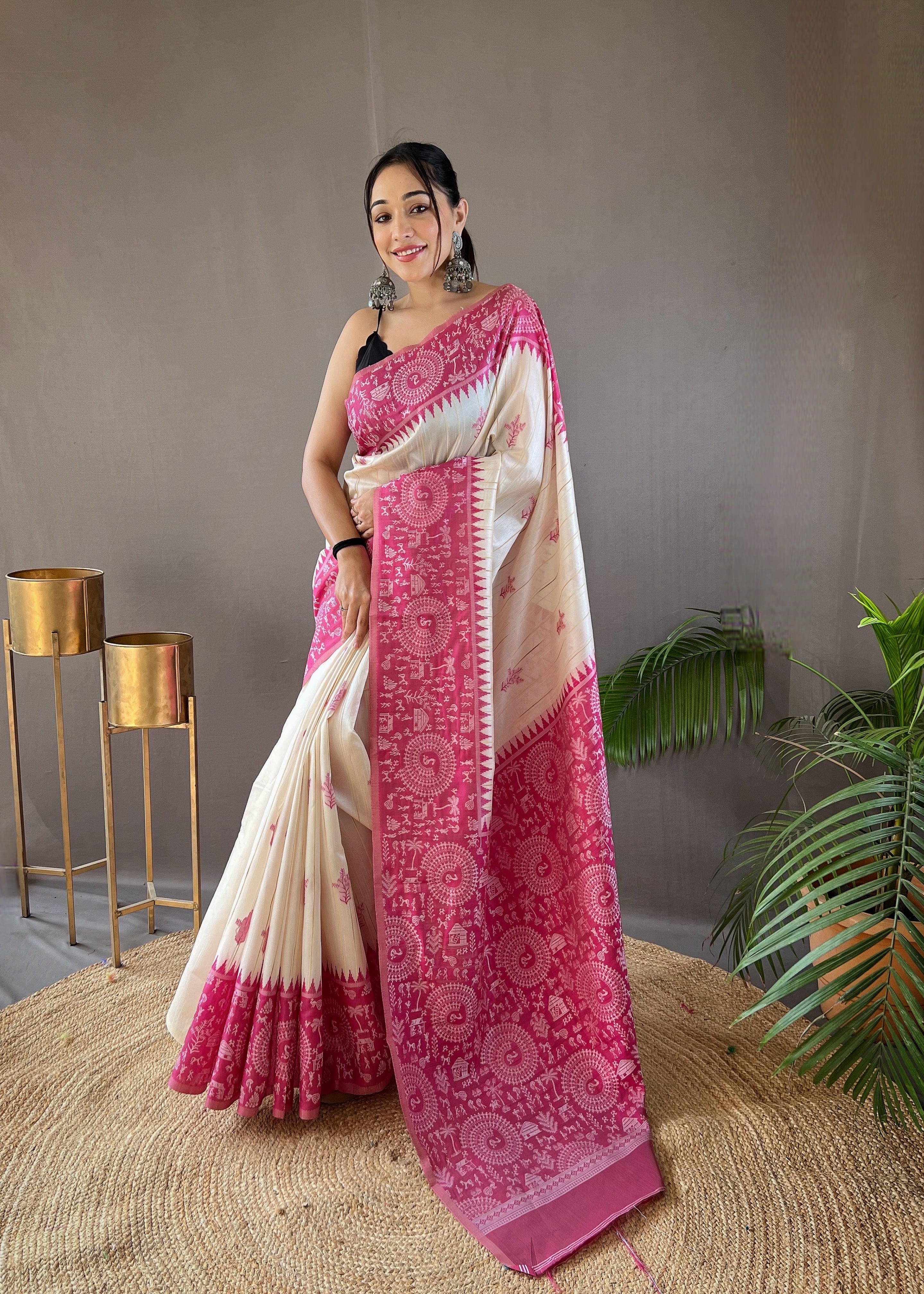 White And Pink Graceful Soft Cotton Tussar Silk Warli Traditional Print Saree.