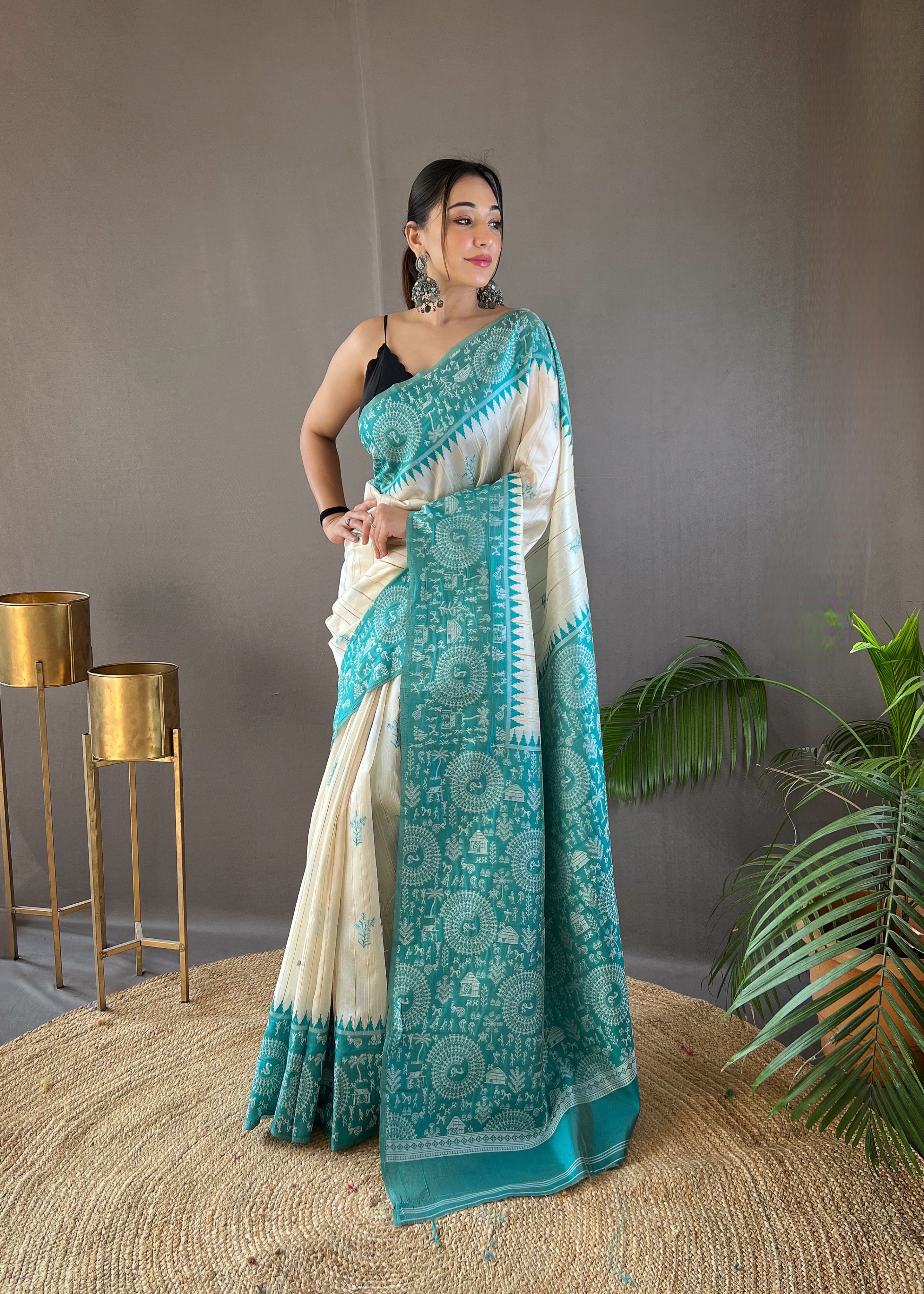 White And Blue Soft Cotton Tussar Silk Warli Traditional Print Saree.