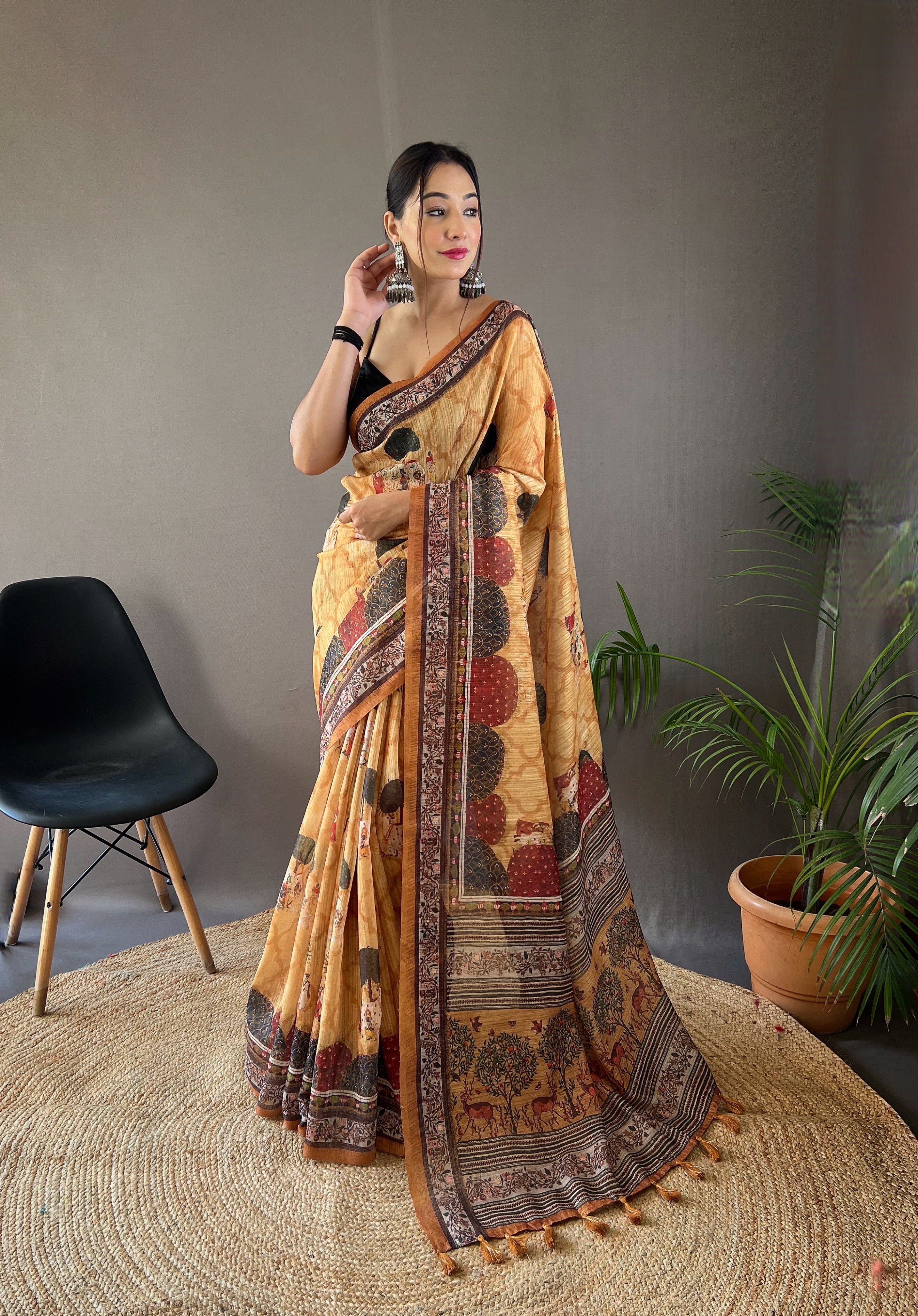 Yellow Iconic Soft Cotton Tussar Silk Traditional Print Formal Saree.