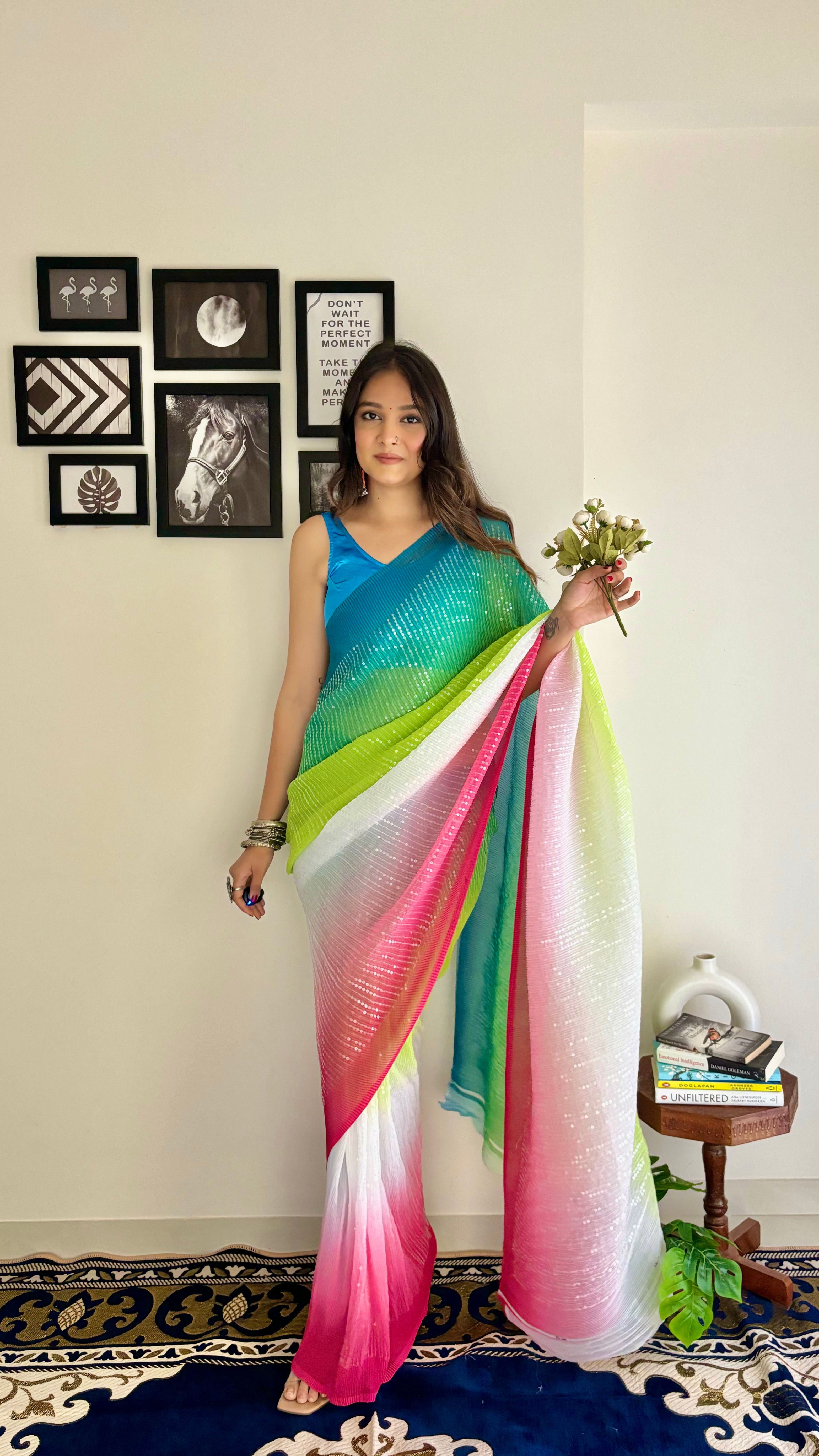 Green Brand-New Sequence Georgette Crushed Party Wear Saree