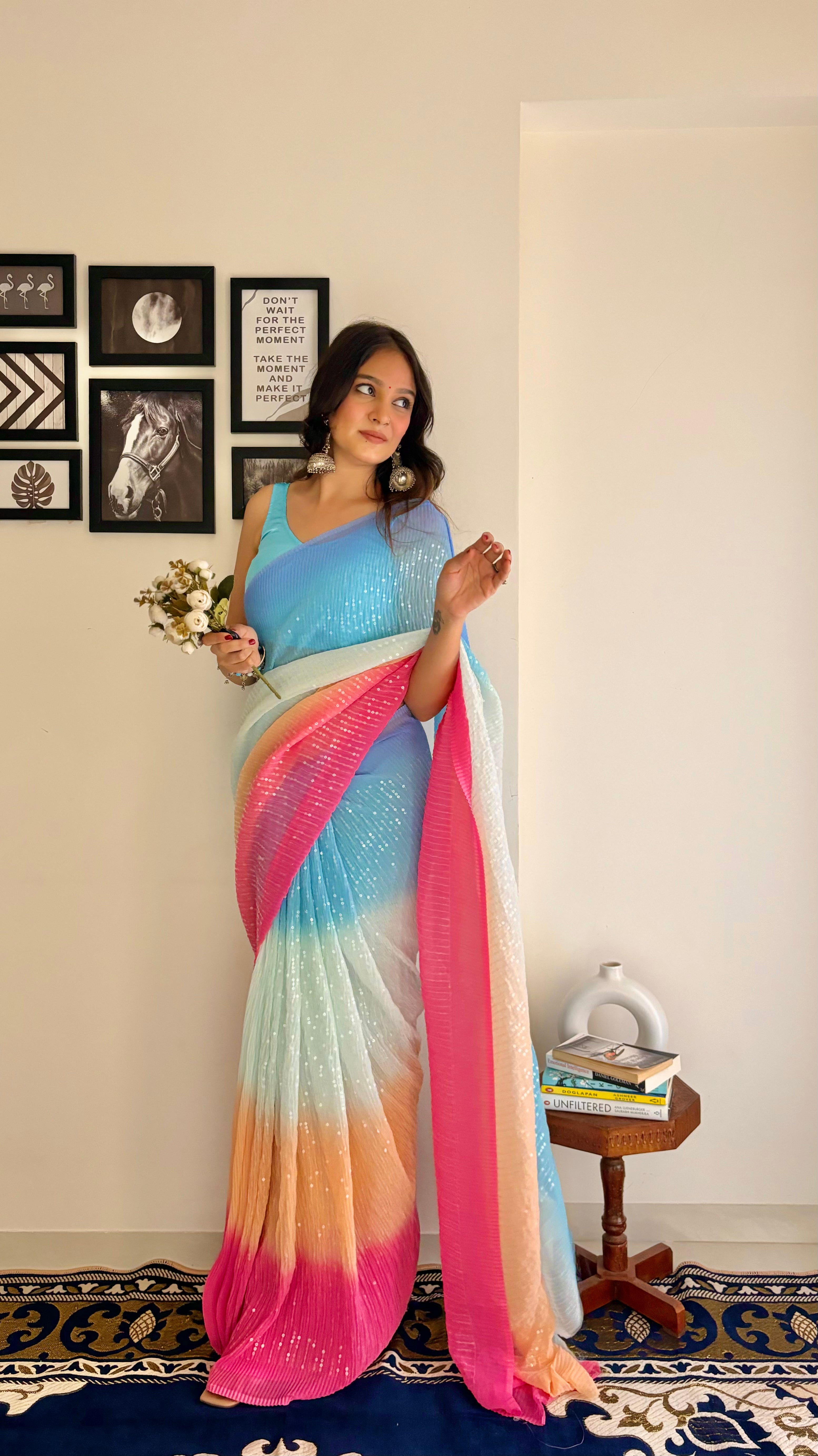 Blue Elegant Sequence Georgette Crushed Party Wear Saree- ikonikbez