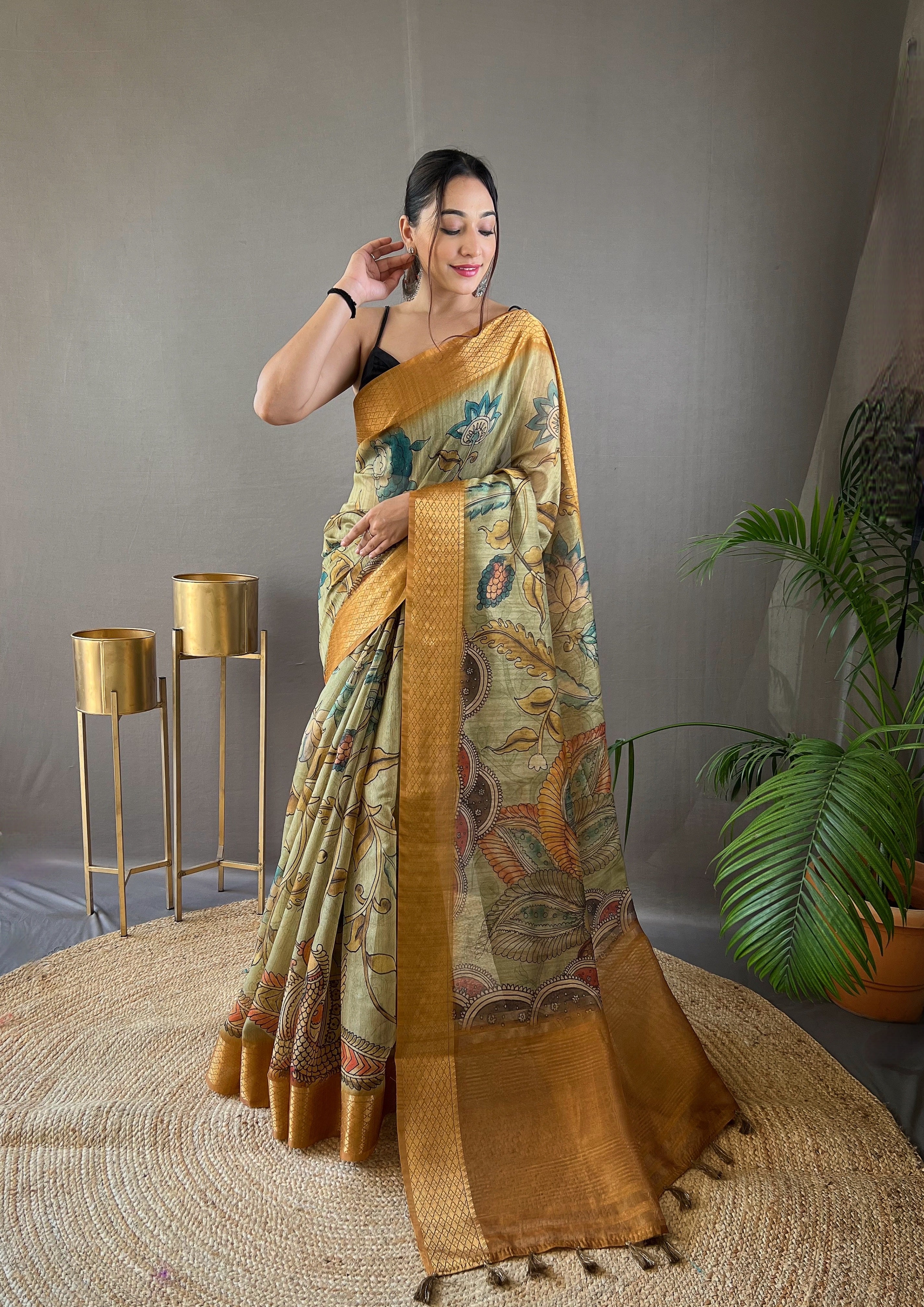Green Latest Soft Cotton Tussar Silk Kalamkari Traditional Print Saree.