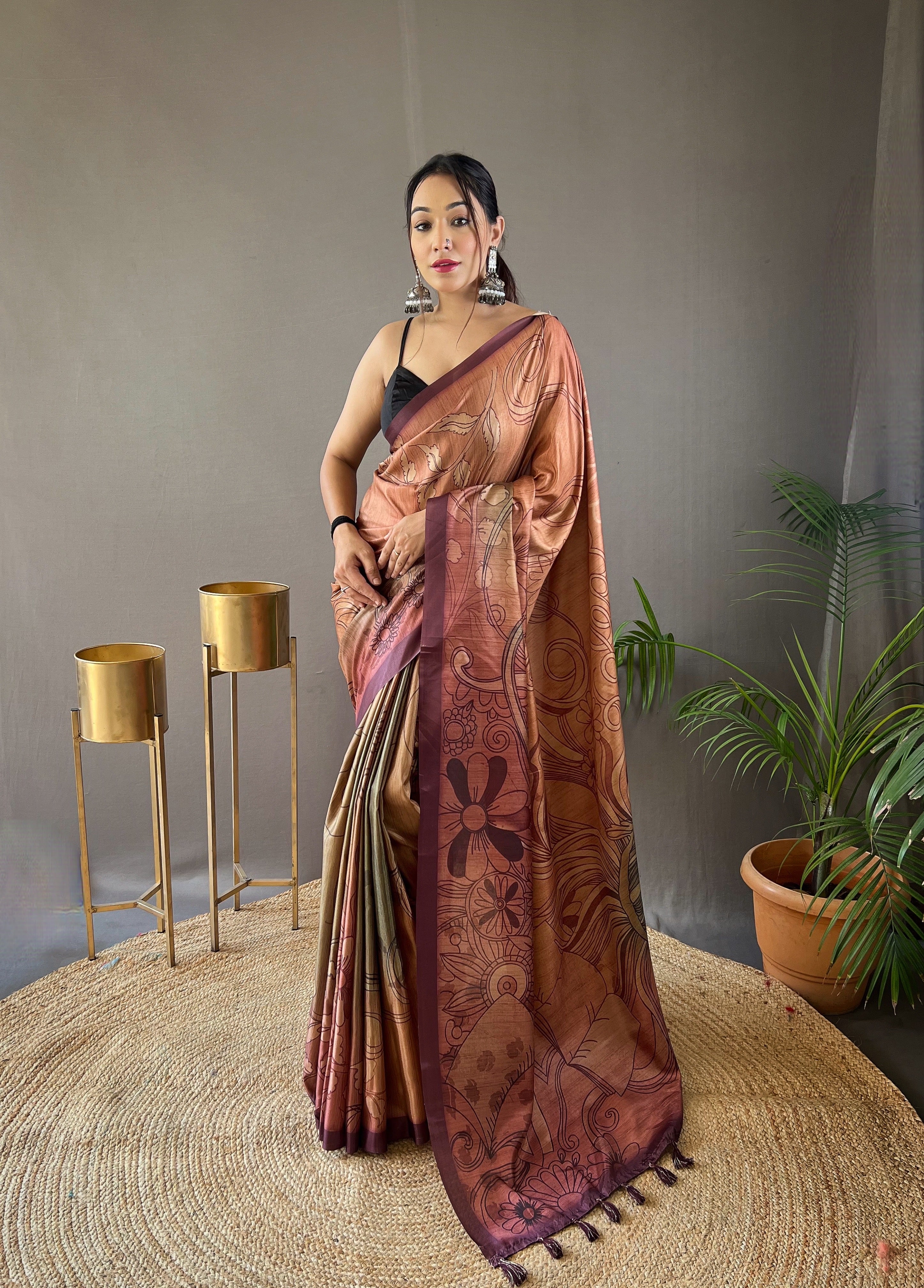 Maroon Designer Soft Cotton Tussar Silk Abstract Traditional Print Saree.