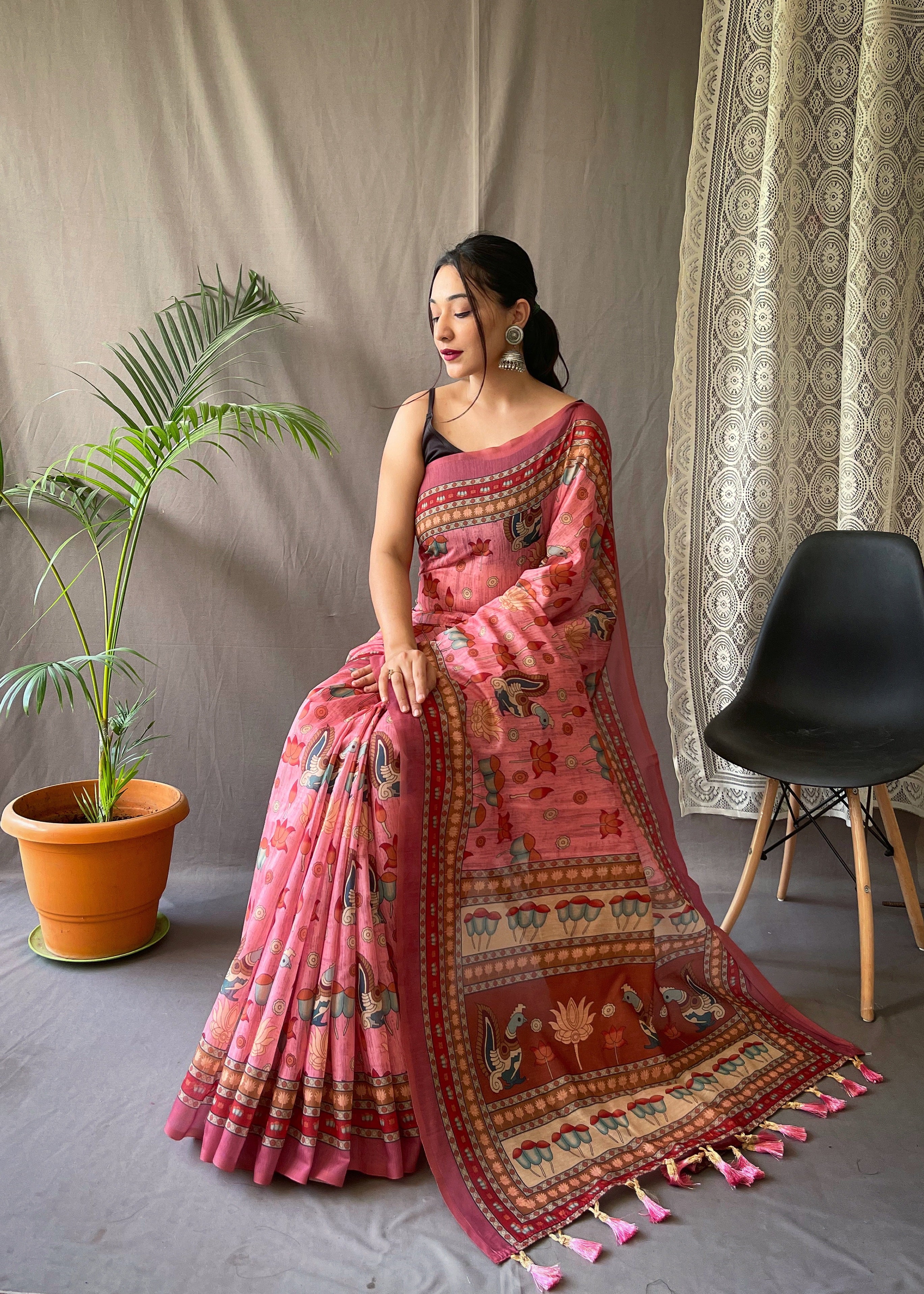 Pink Classic Soft Cotton Kalamkari Traditional Print Office-Ready Saree.