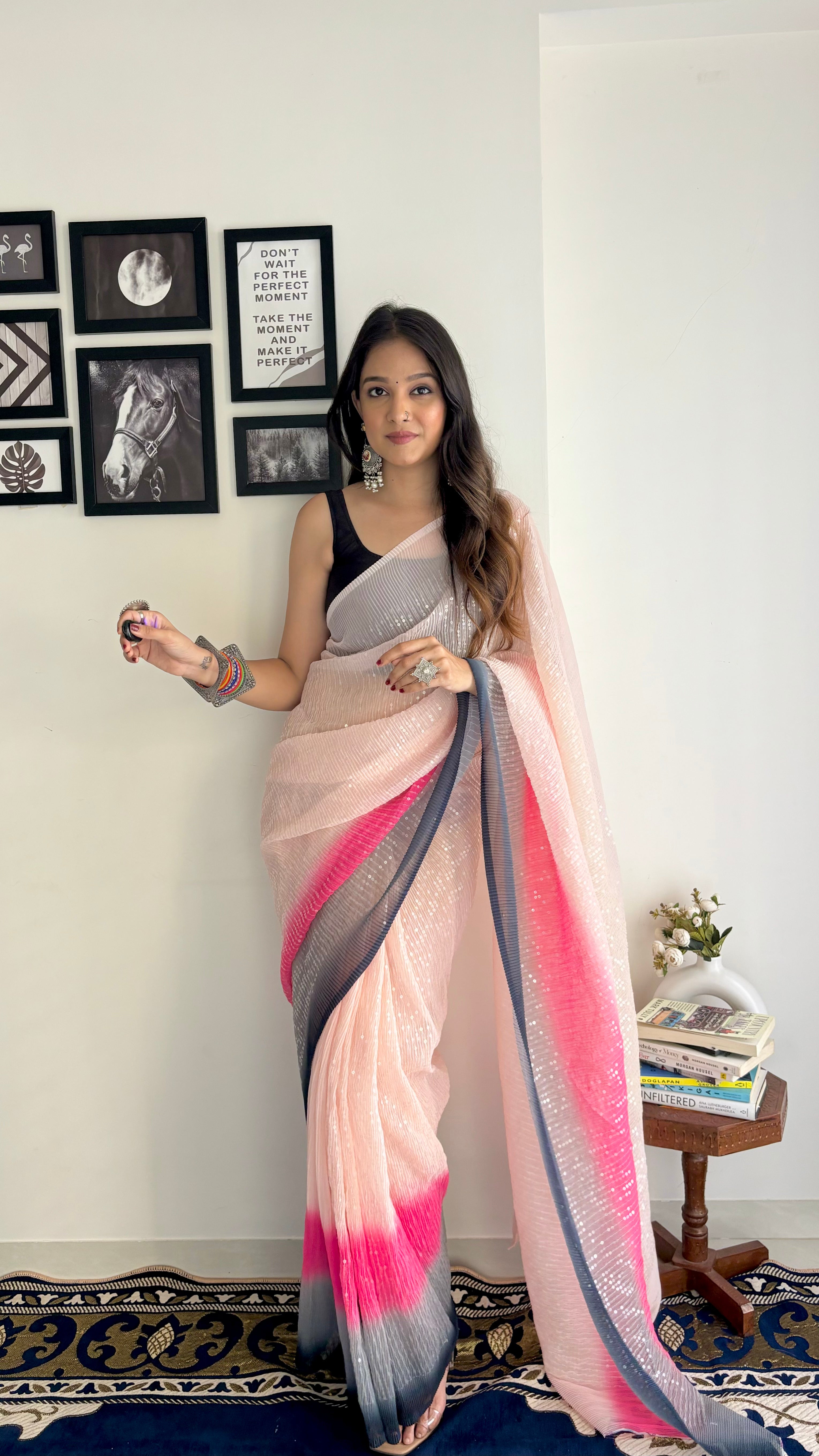Baby Pink Classy Sequence Georgette Crushed Party Wear Saree - Ikonikbez