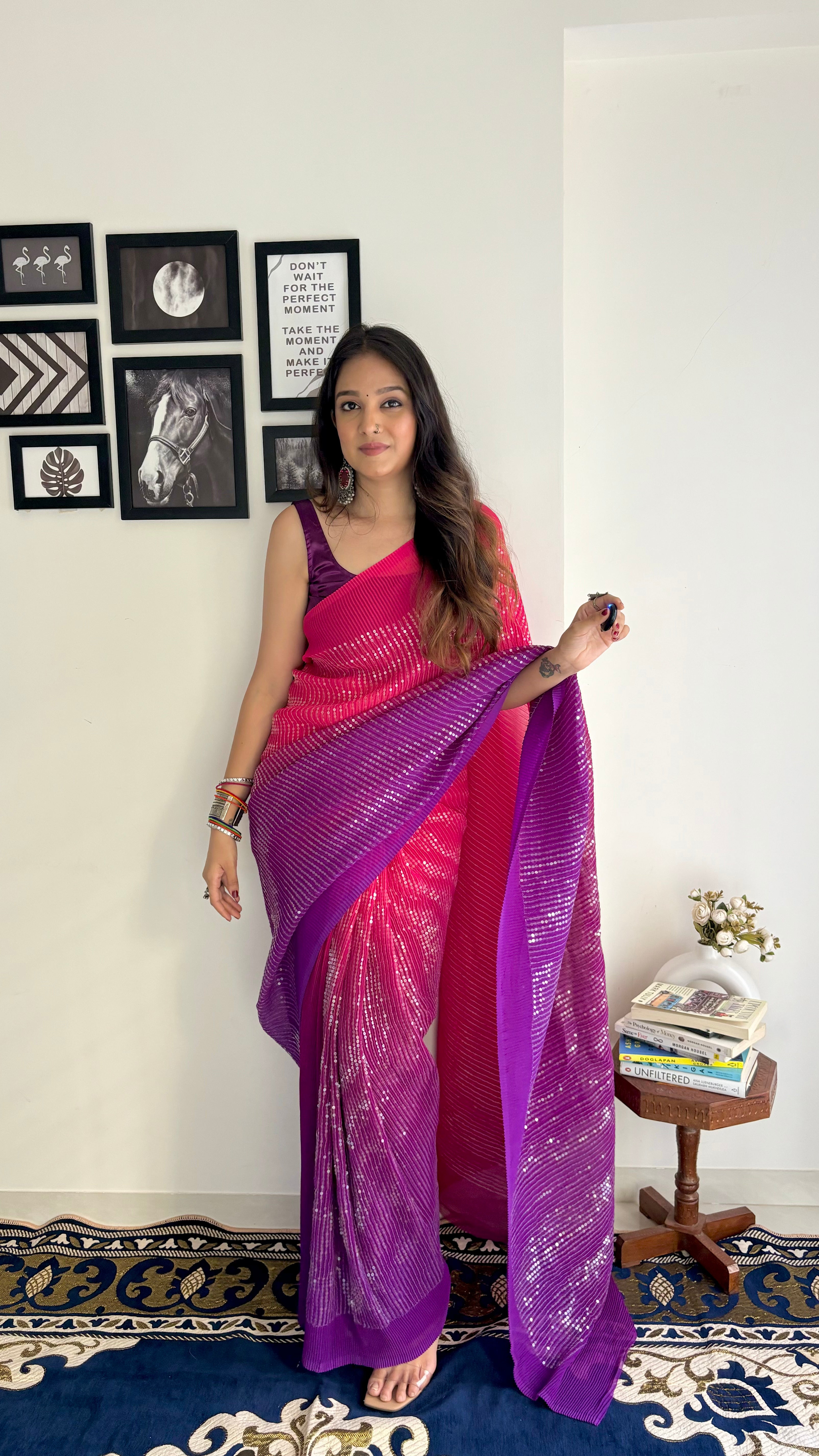 Wine Brand-New Sequence Georgette Crushed Party Wear Saree - ikonikbez