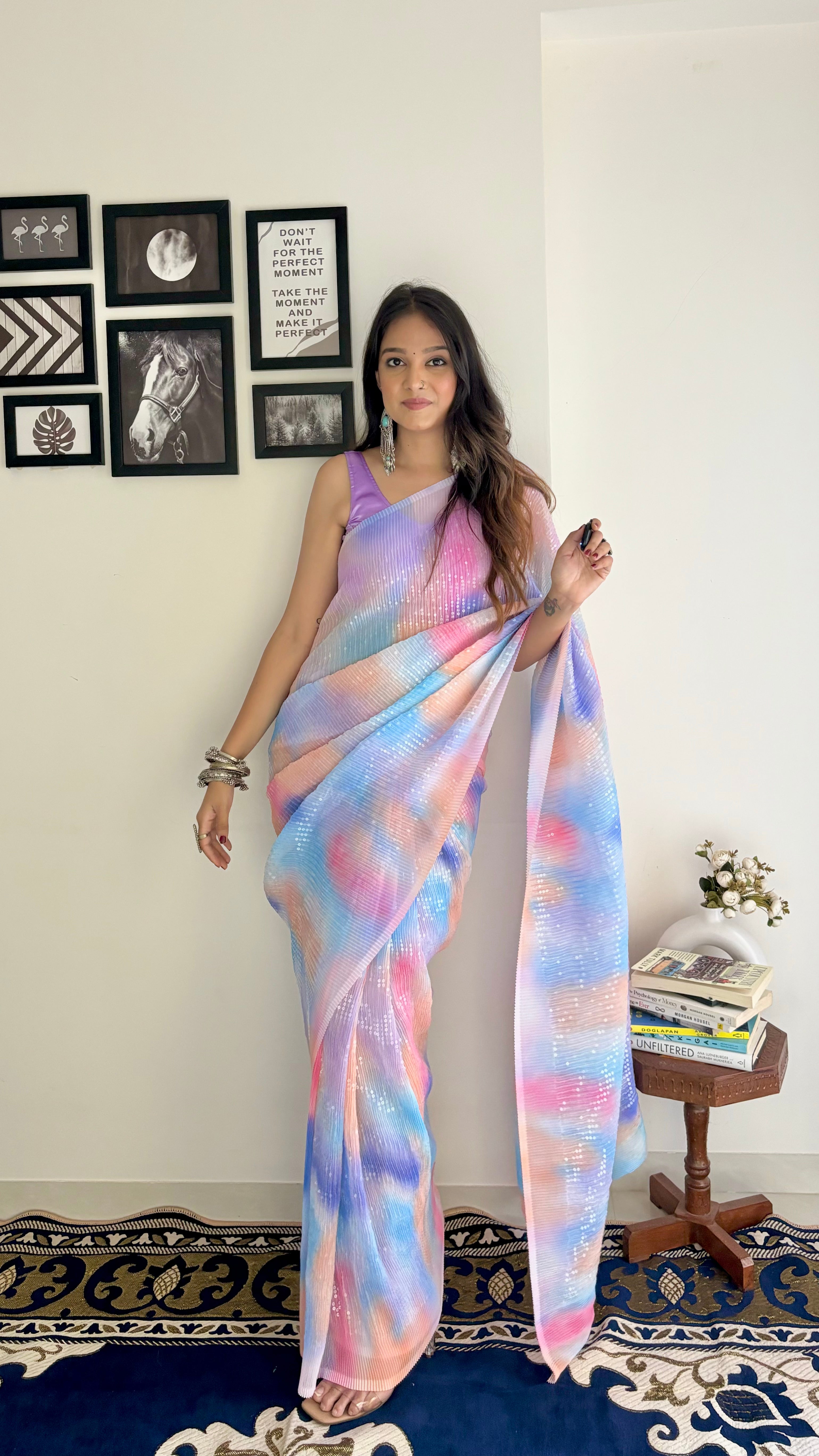 Baby Pink Elegant Sequence Georgette Crushed Cocktail Saree - ikonikbez