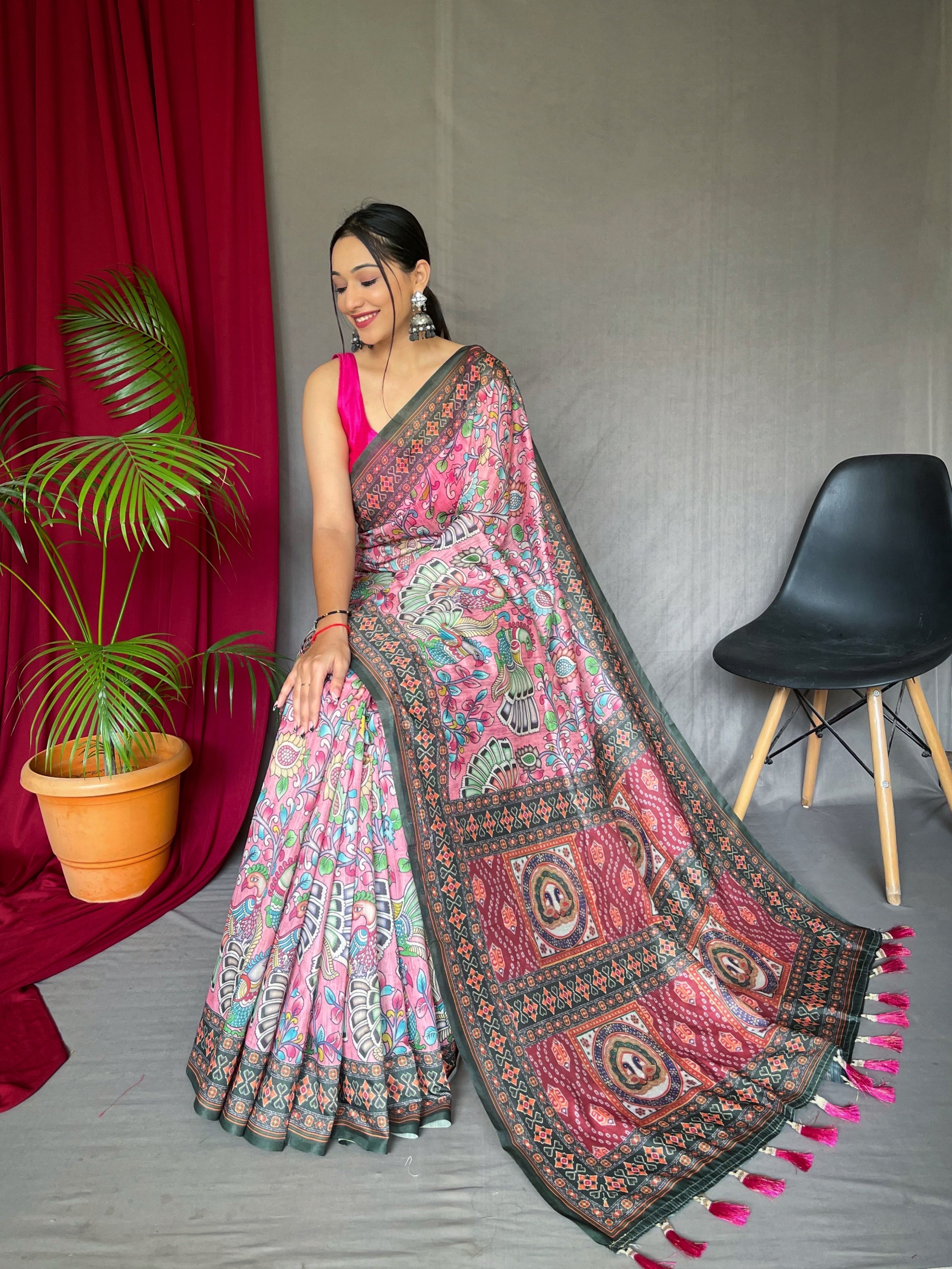 Pink Stylish Soft Cotton Kalamkari Digital Print Saree.