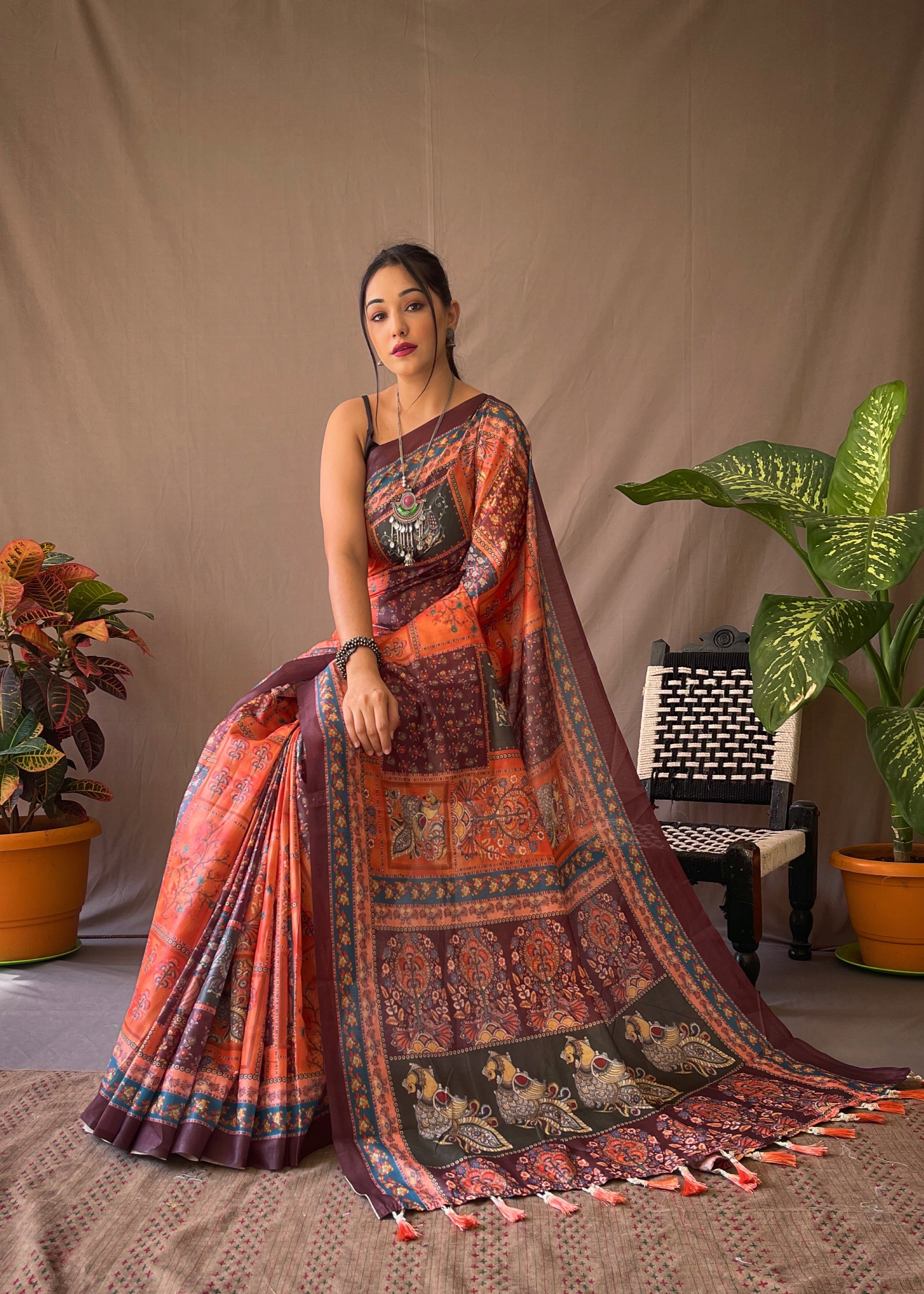 Orange Soft Cotton Kalamkari Digital Print Office Wear Saree.