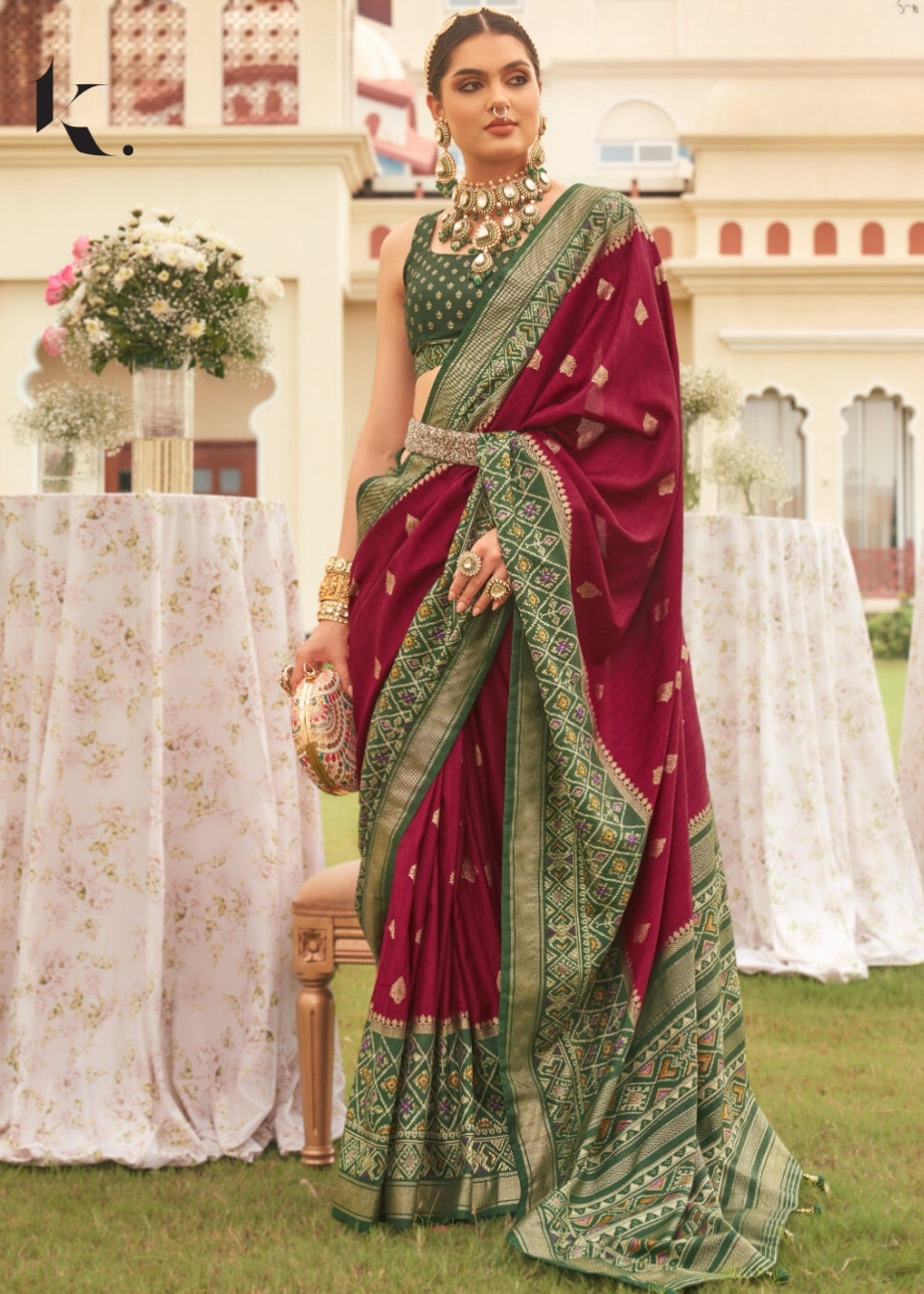 Maroon Mercerized Sigma Silk Patola Gold Print Wedding wear Saree - Ikonikbez