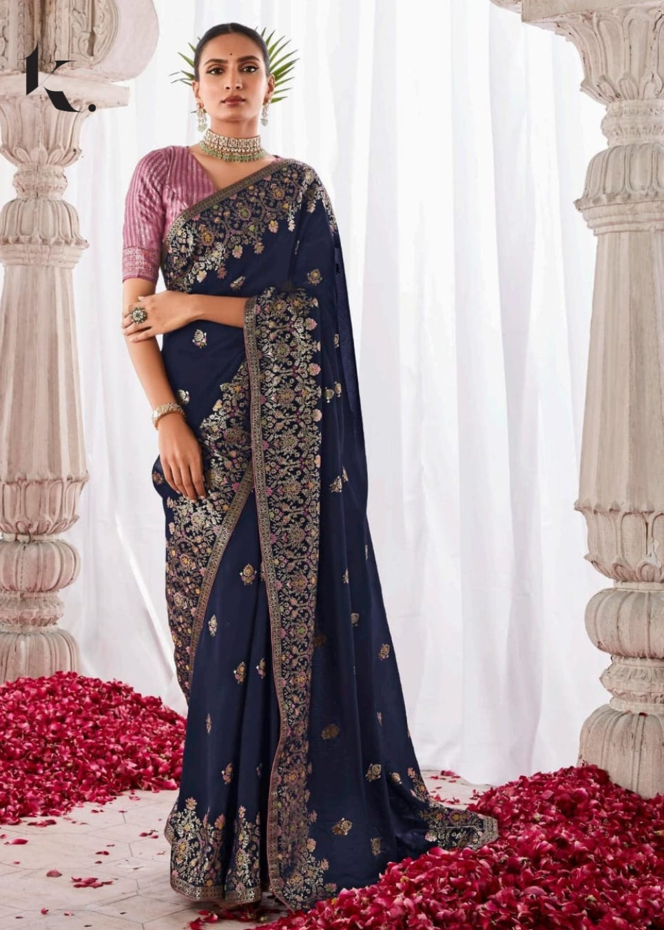 Trendy Navy Blue  Pure Viscose Dola Silk Minakari Work Wedding wear Saree - Ikonikbez