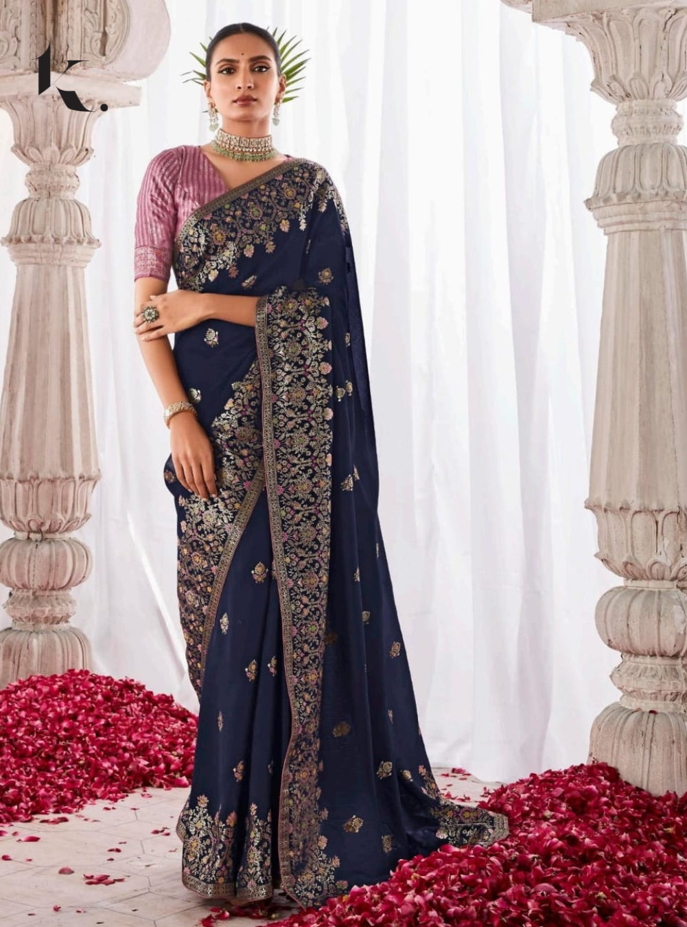 Trendy Navy Blue  Pure Viscose Dola Silk Minakari Work Wedding wear Saree - Ikonikbez