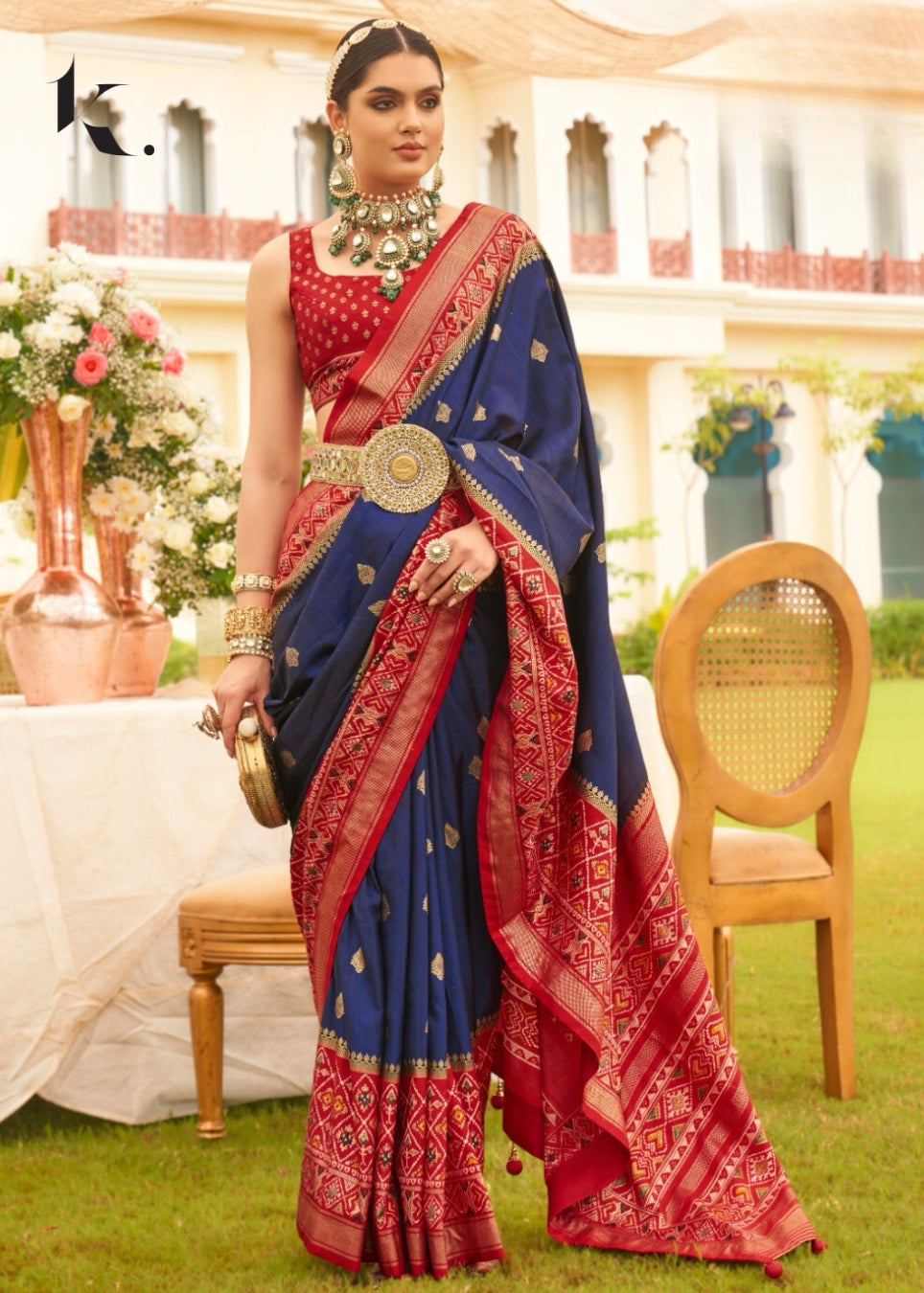 Navy Blue Mercerized Sigma Silk Patola Gold Print Wedding Wear Saree