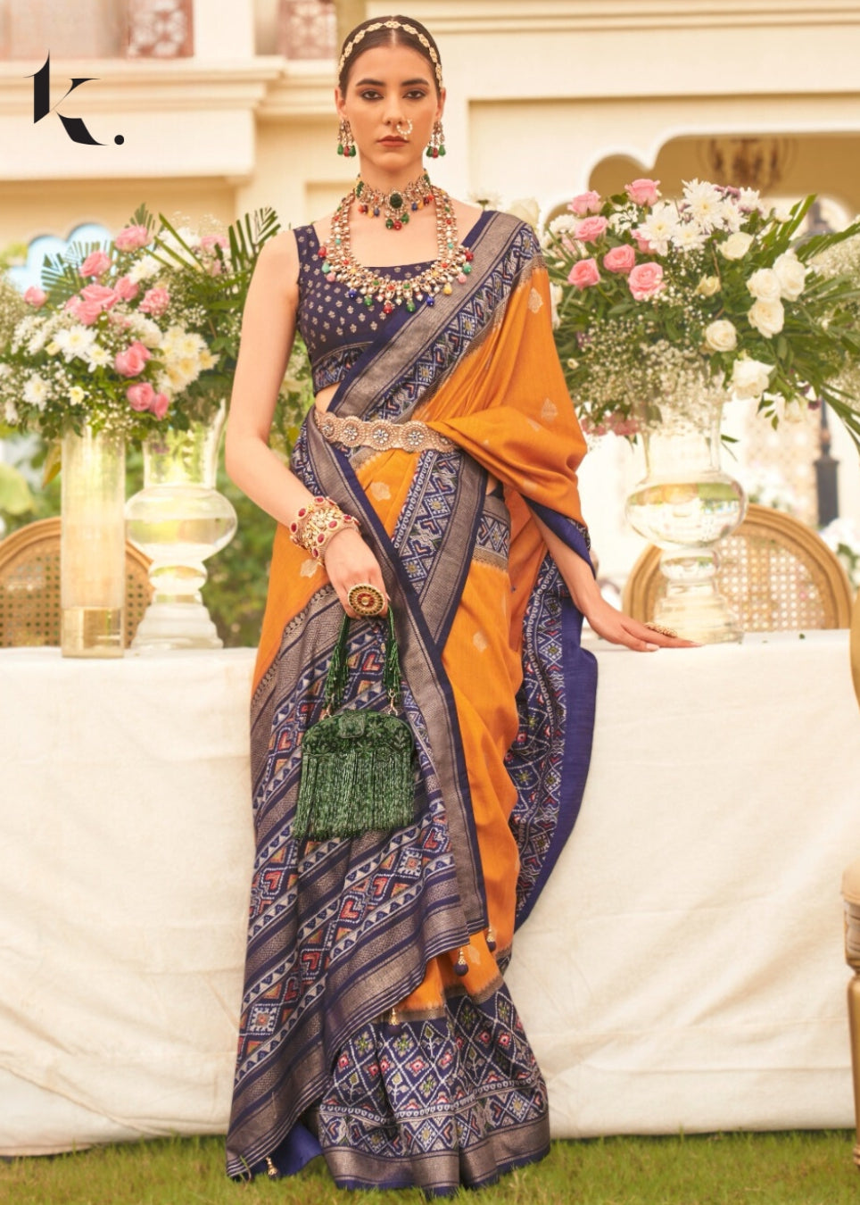 Orange and Blue Mercerized Sigma Silk Patola Gold Print Wedding wear Saree - Ikonikbez