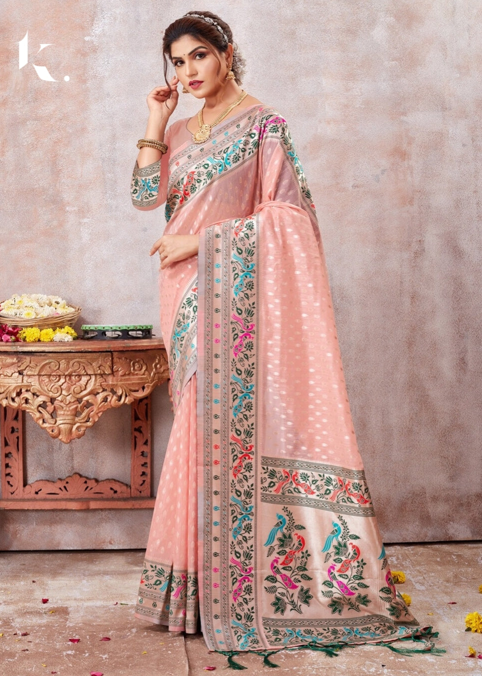 New and Stylish Peach zari Kota Cotton Digital Printed chanderi Wedding Wear Saree - Ikonikbez