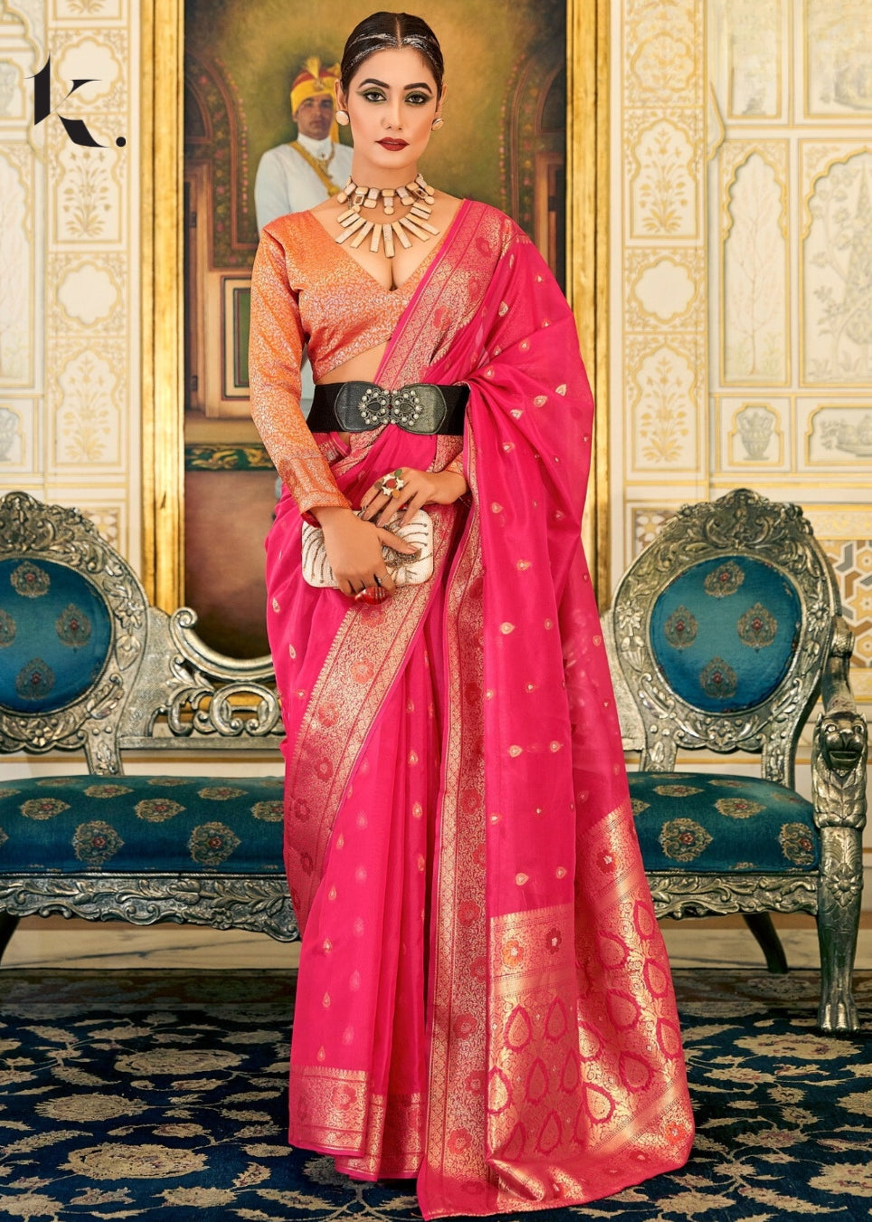 Pink Soft Organza Silk Copper Zari Wedding Wear Saree - Ikonikbez