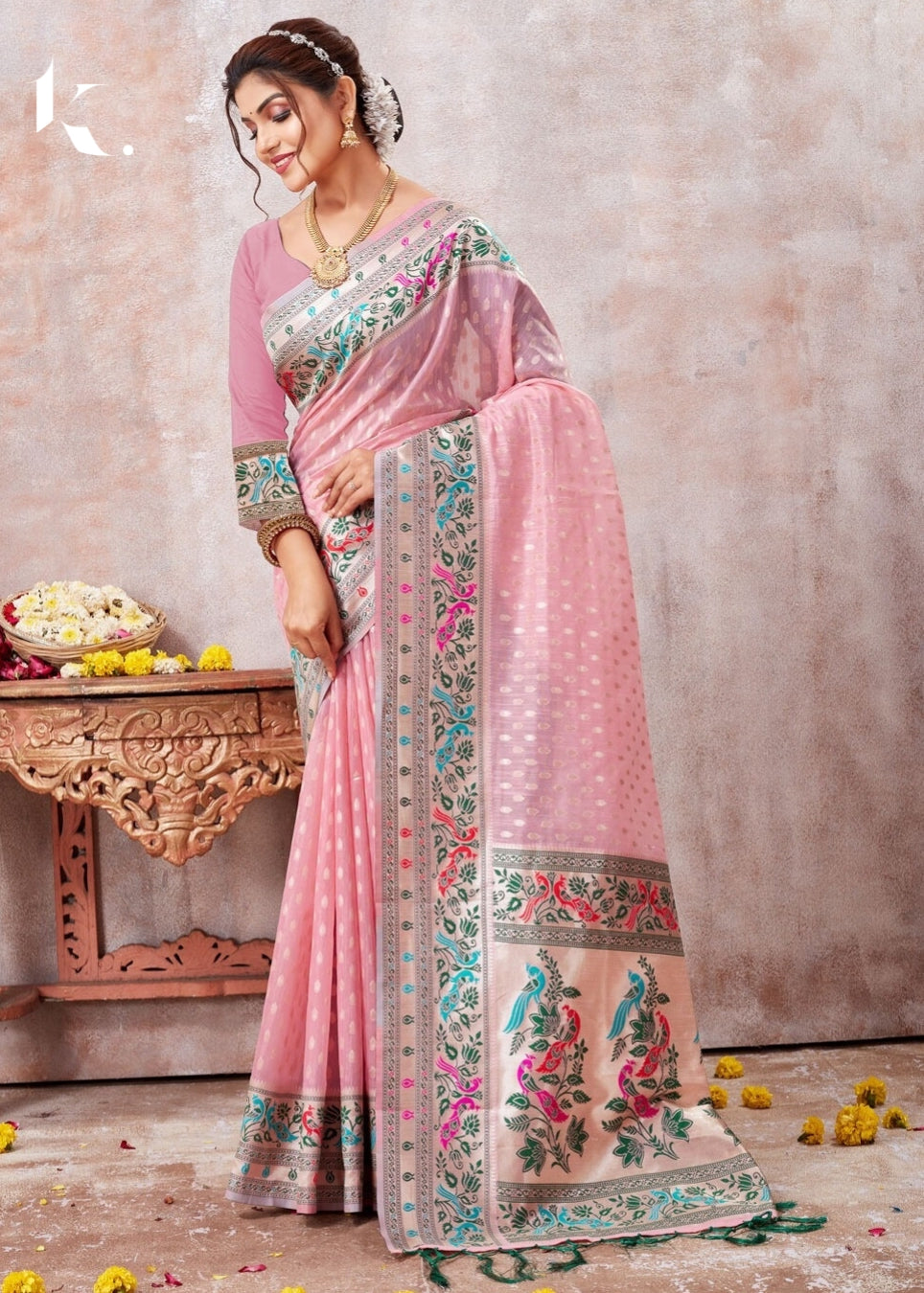 Pink Zari Kota Cotton Digital Printed Chanderi Wedding Wear Saree - Ikonikbez