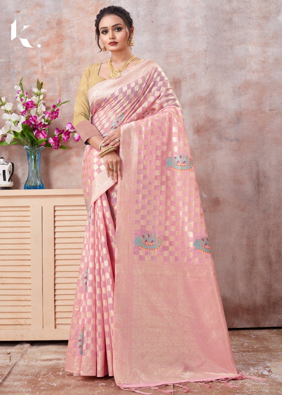 Pink Zari Kota Cotton Printed chanderi Wedding Wear Saree - Ikonikbez