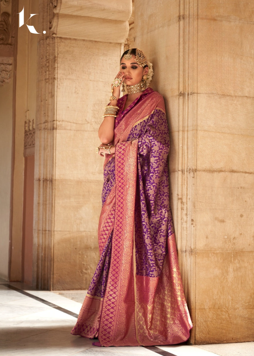 Purple Soft Silk Banarasi Pattern Zari Wedding Wear Saree - Ikonikbez