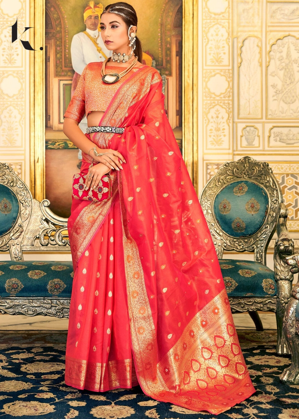 Red Soft Organza Silk Copper Zari Wedding Wear Saree - Ikonikbez